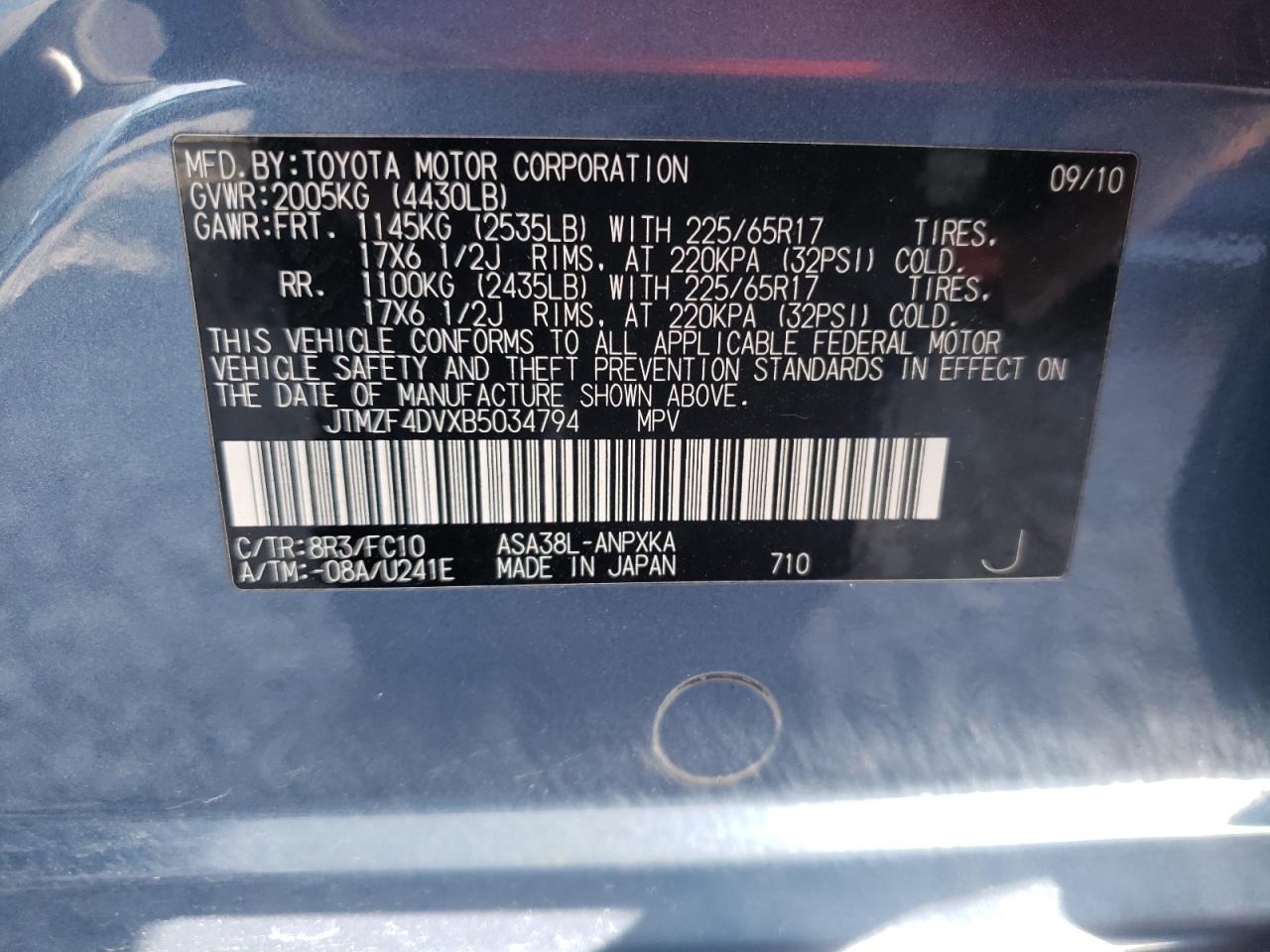 Photo 10 from auction – 2011 TOYOTA RAV4 with VIN JTMZF4DVXB5034794
