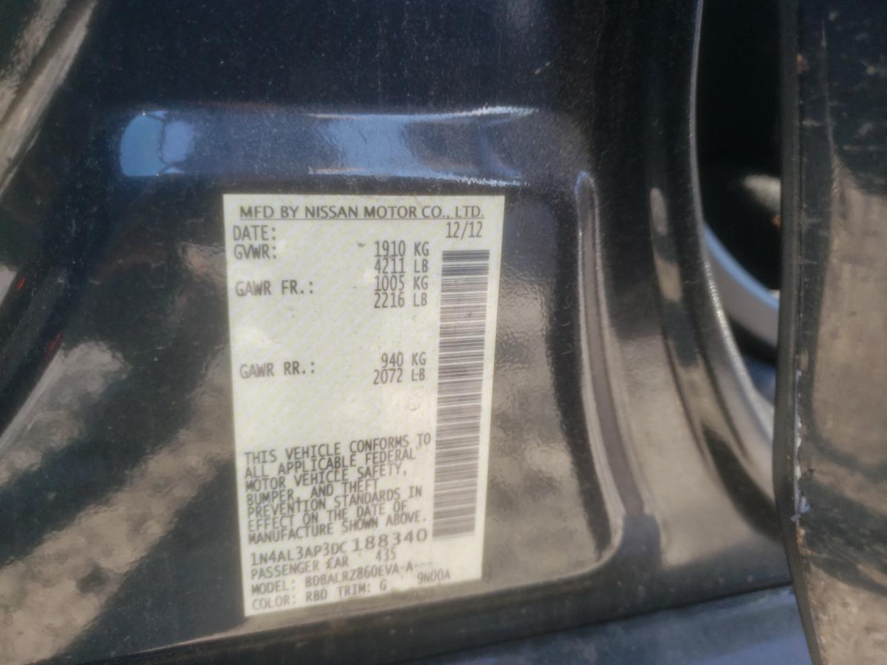 Photo 10 from auction – 2013 NISSAN ALTIMA 2.5 with VIN 1N4AL3AP3DC188340