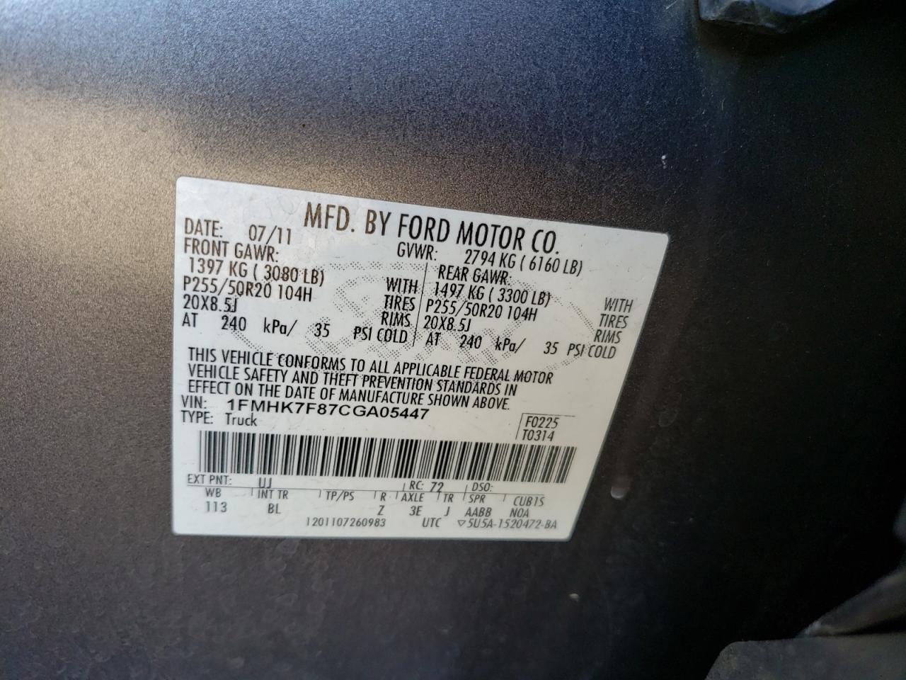 Photo 10 from auction – 2012 FORD EXPLORER L with VIN 1FMHK7F87CGA05447