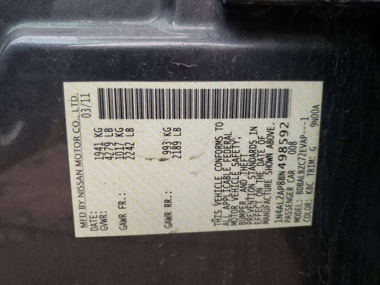 Photo 10 from auction – 2011 NISSAN ALTIMA BAS with VIN 1N4AL2AP8BN498592