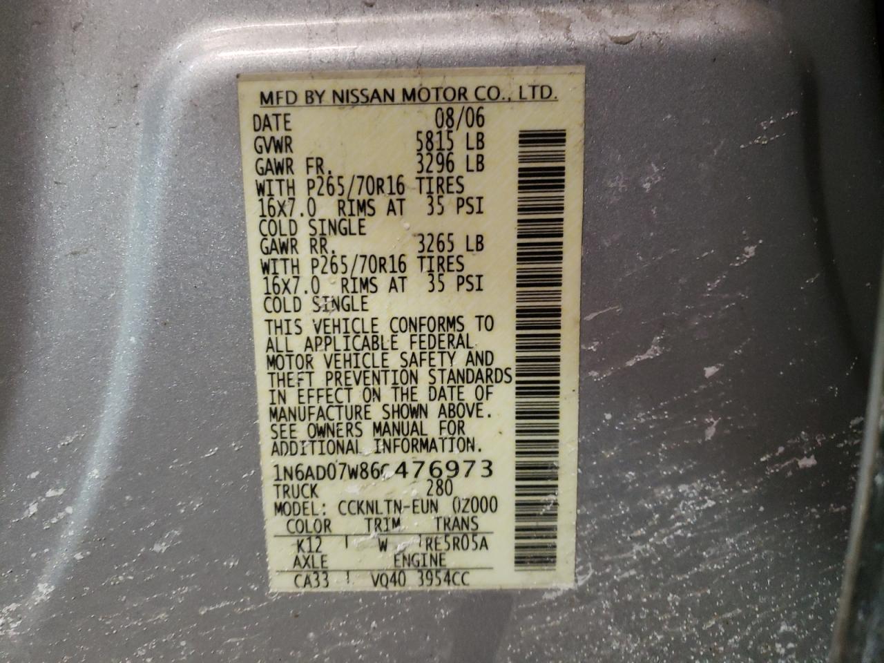 Photo 10 from auction – 2006 NISSAN FRONTIER C with VIN 1N6AD07W86C476973