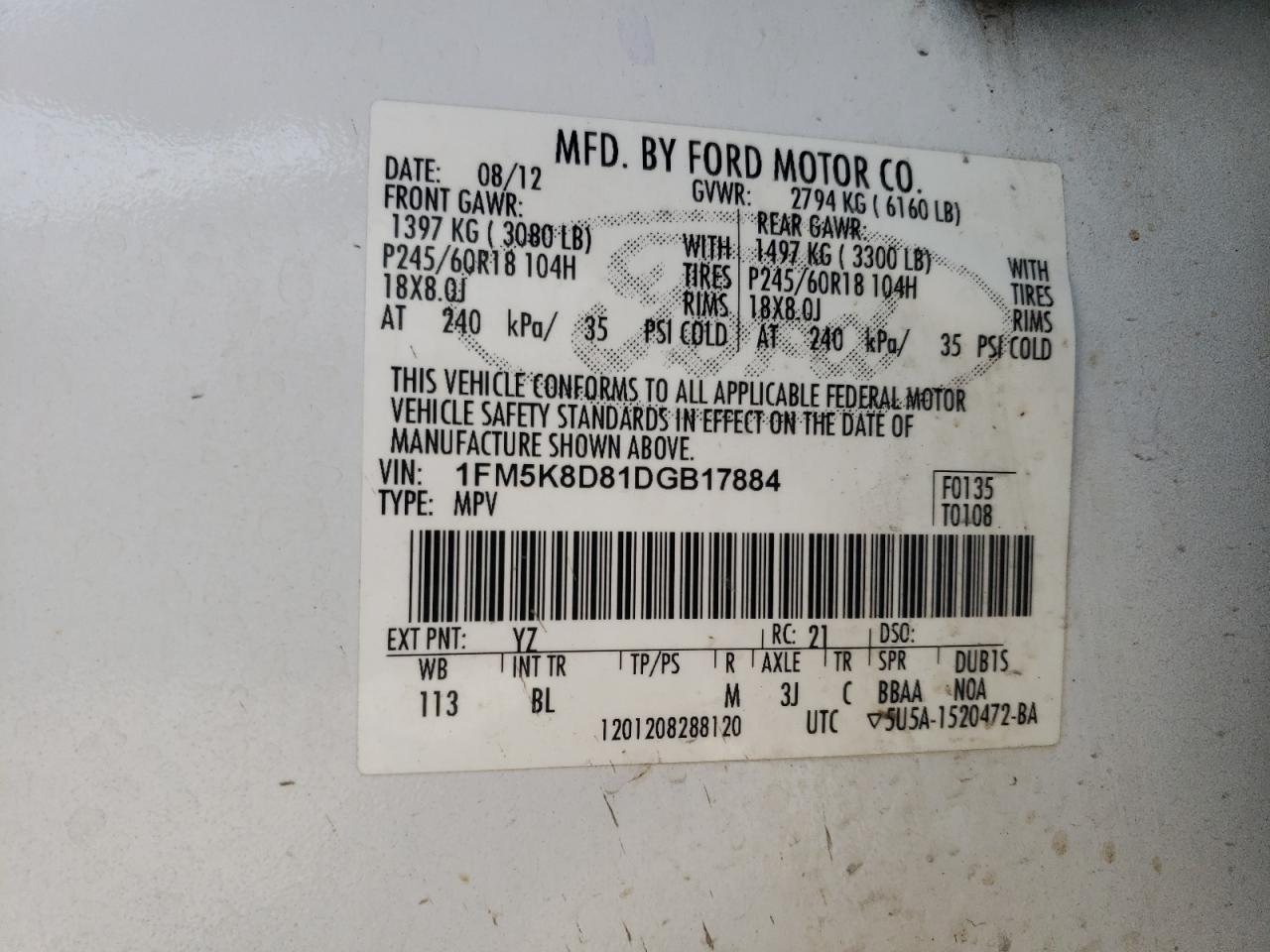 Photo 10 from auction – 2013 FORD EXPLORER X with VIN 1FM5K8D81DGB17884