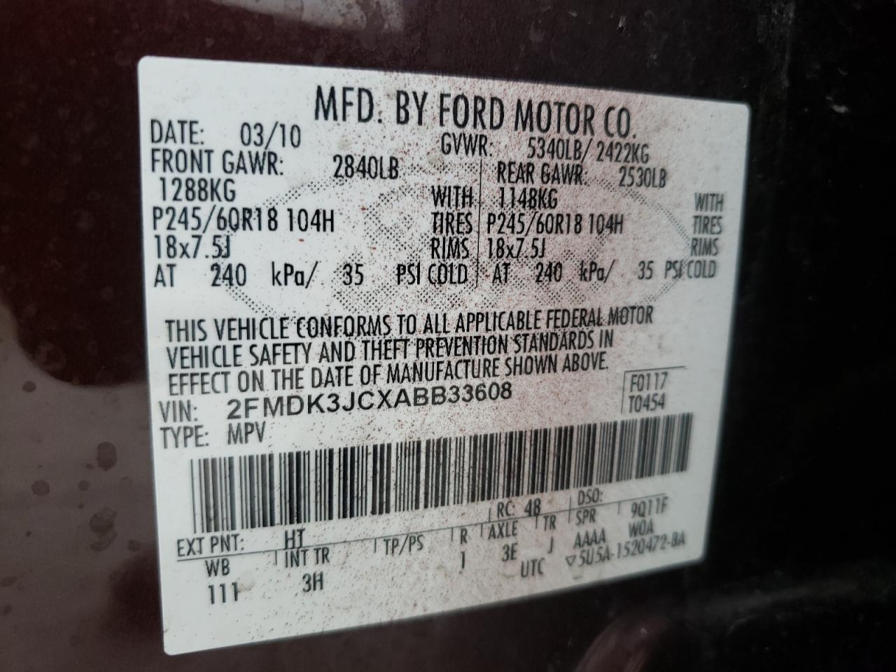 Photo 10 from auction – 2010 FORD EDGE SEL with VIN 2FMDK3JCXABB33608