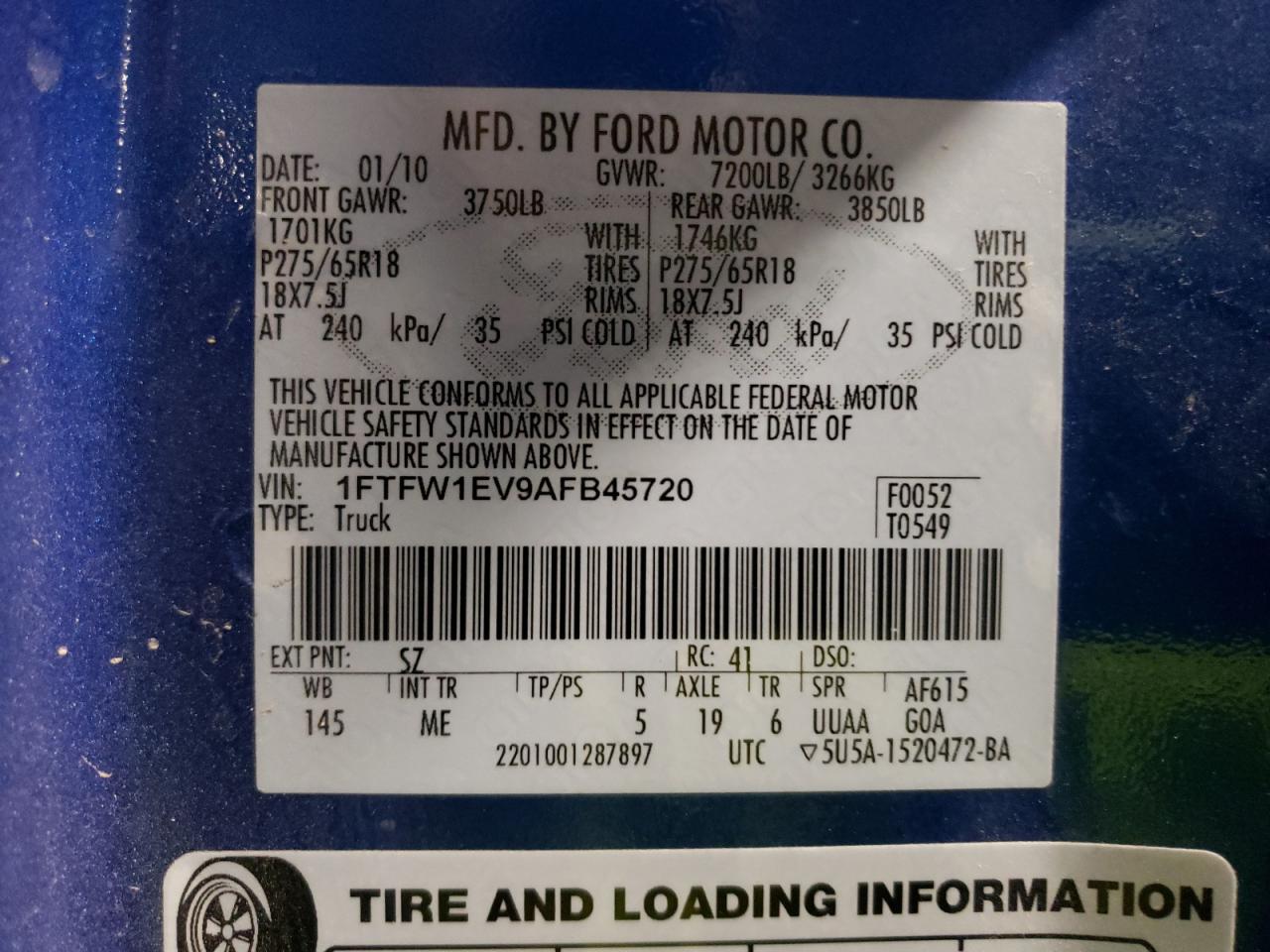 Photo 10 from auction – 2010 FORD F150 SUPER with VIN 1FTFW1EV9AFB45720
