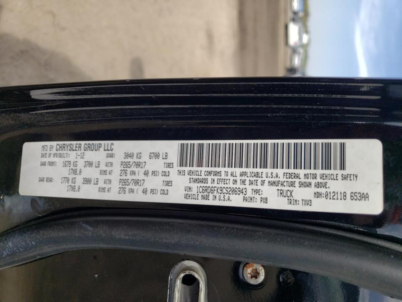 Photo 10 from auction – 2012 DODGE RAM 1500 S with VIN 1C6RD6FK9CS206943