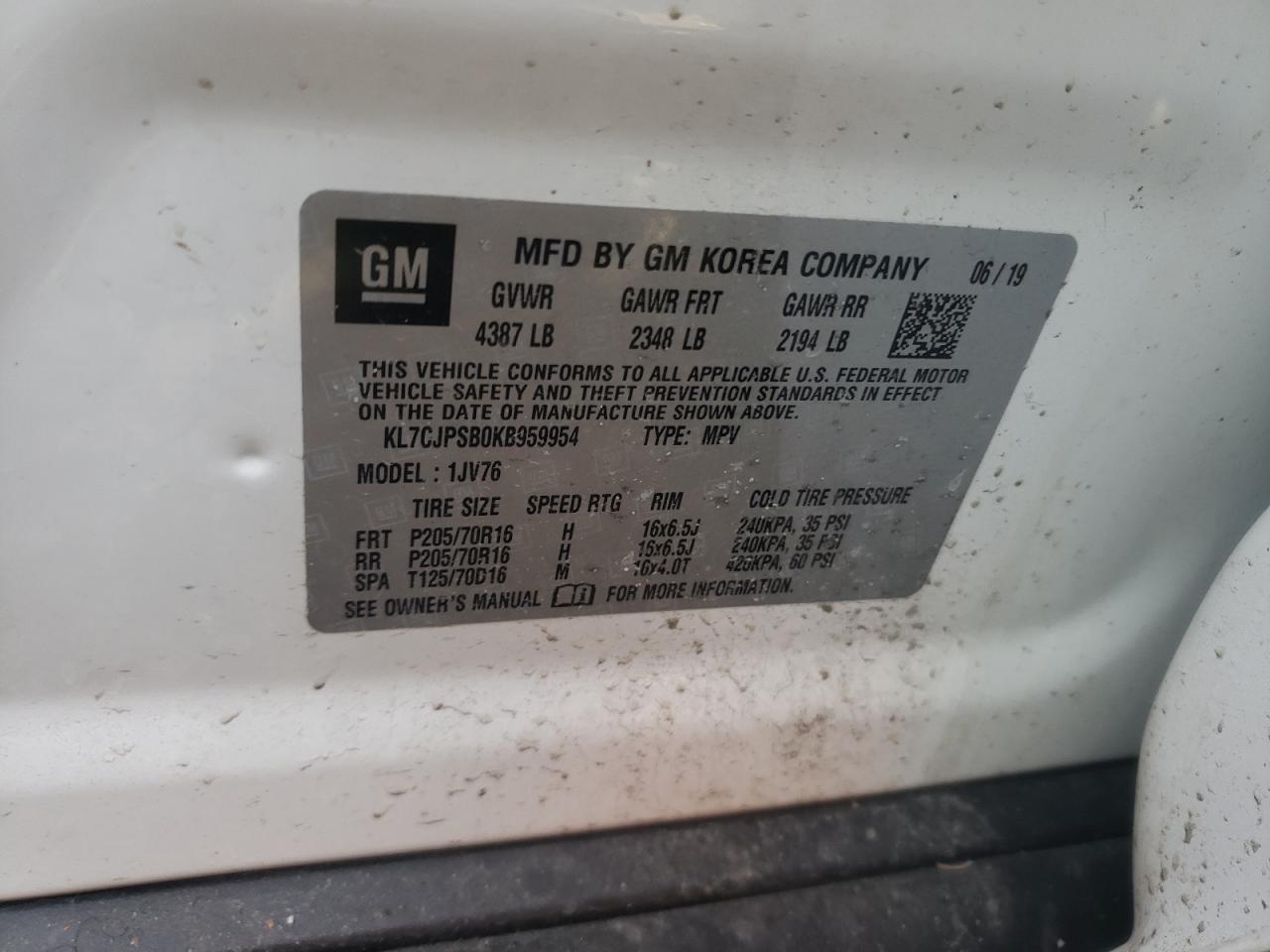 Photo 10 from auction – 2019 CHEVROLET TRAX 1LT with VIN KL7CJPSB0KB959954