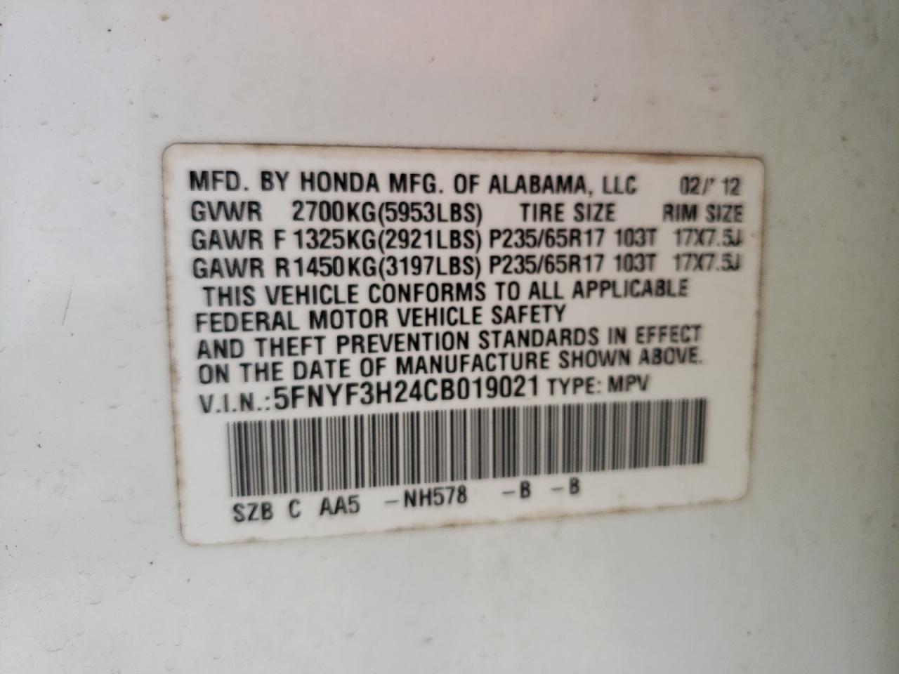 Photo 10 from auction – 2012 HONDA PILOT LX with VIN 5FNYF3H24CB019021