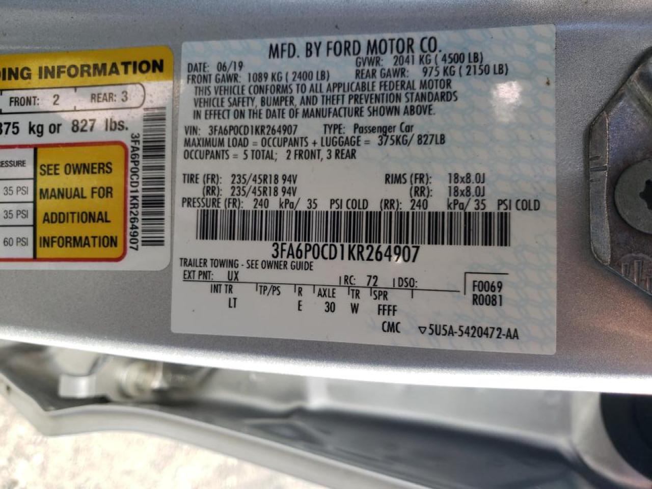 Photo 10 from auction – 2019 FORD FUSION SEL with VIN 3FA6P0CD1KR264907