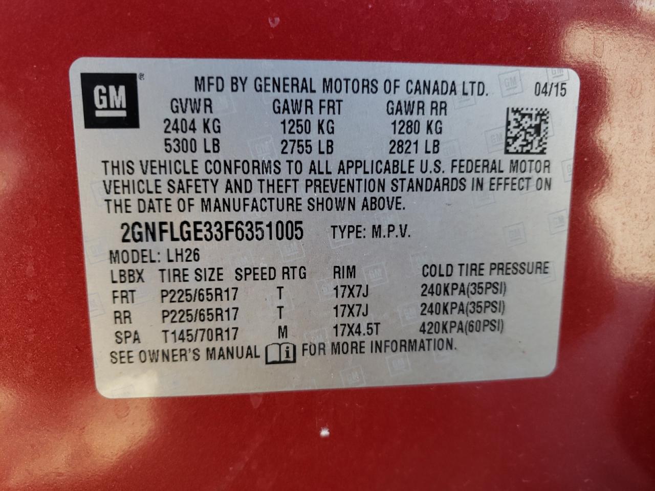 Photo 10 from auction – 2015 CHEVROLET EQUINOX LT with VIN 2GNFLGE33F6351005