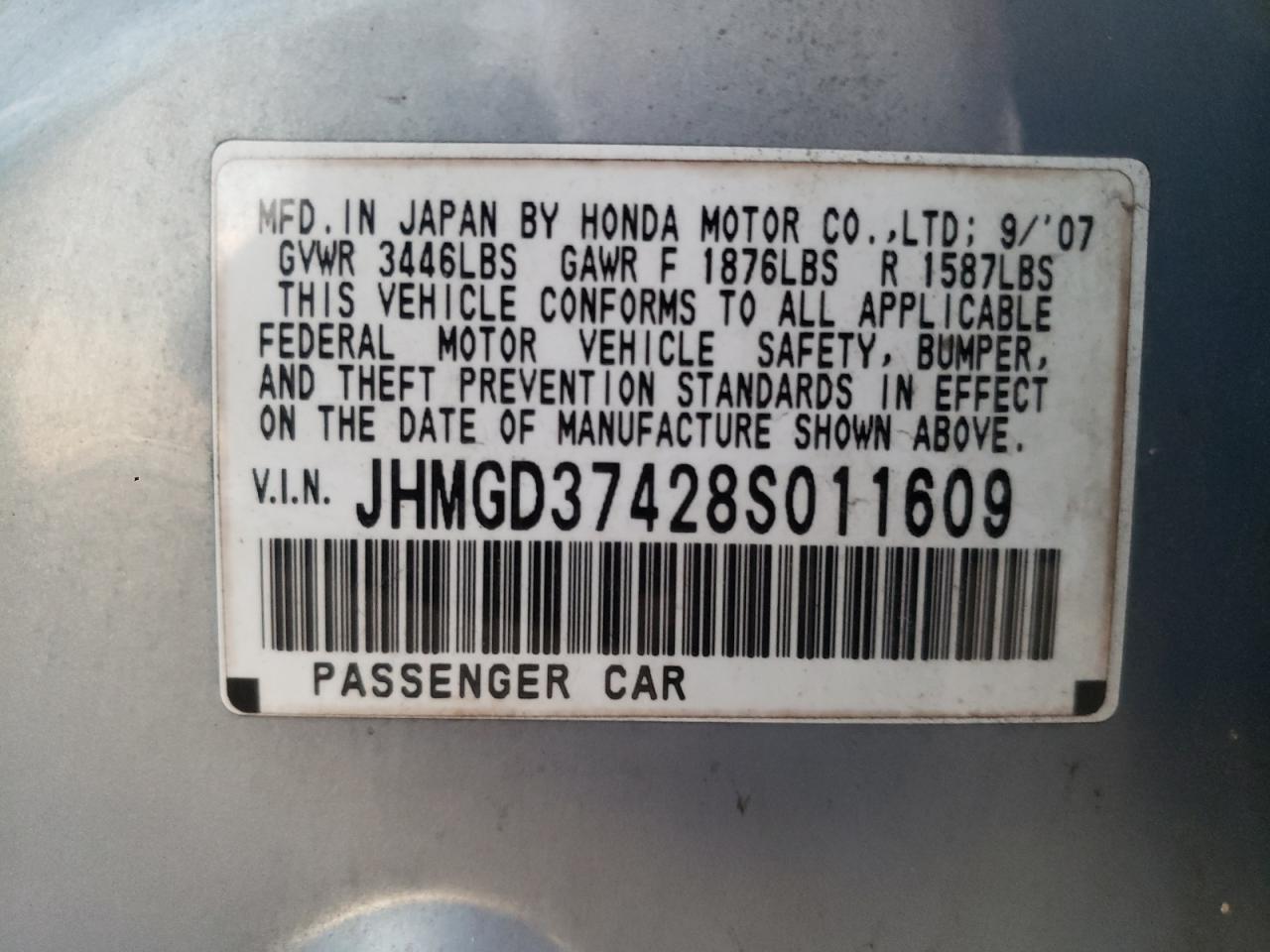 Photo 10 from auction – 2008 HONDA FIT with VIN JHMGD37428S011609