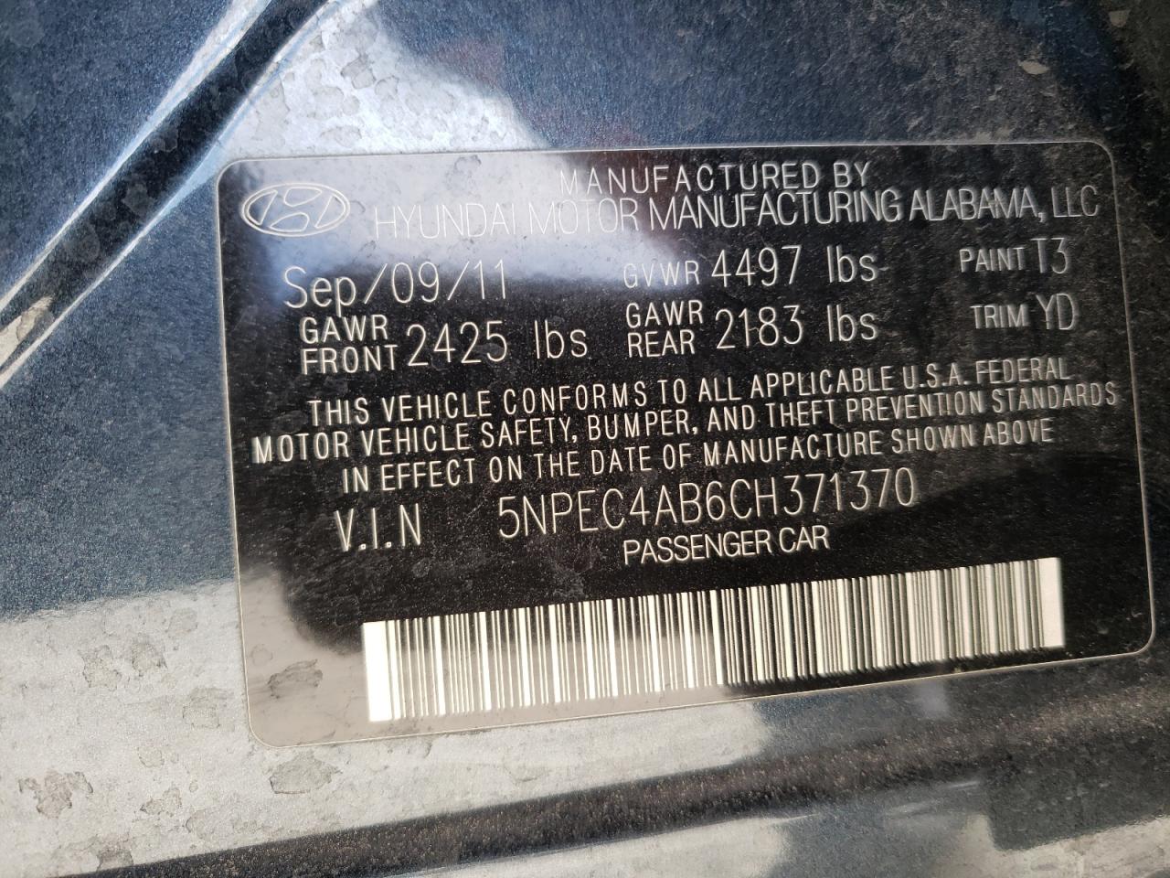Zdjęcie 10 z aukcji – 2012 HYUNDAI SONATA SE z VIN 5NPEC4AB6CH371370
