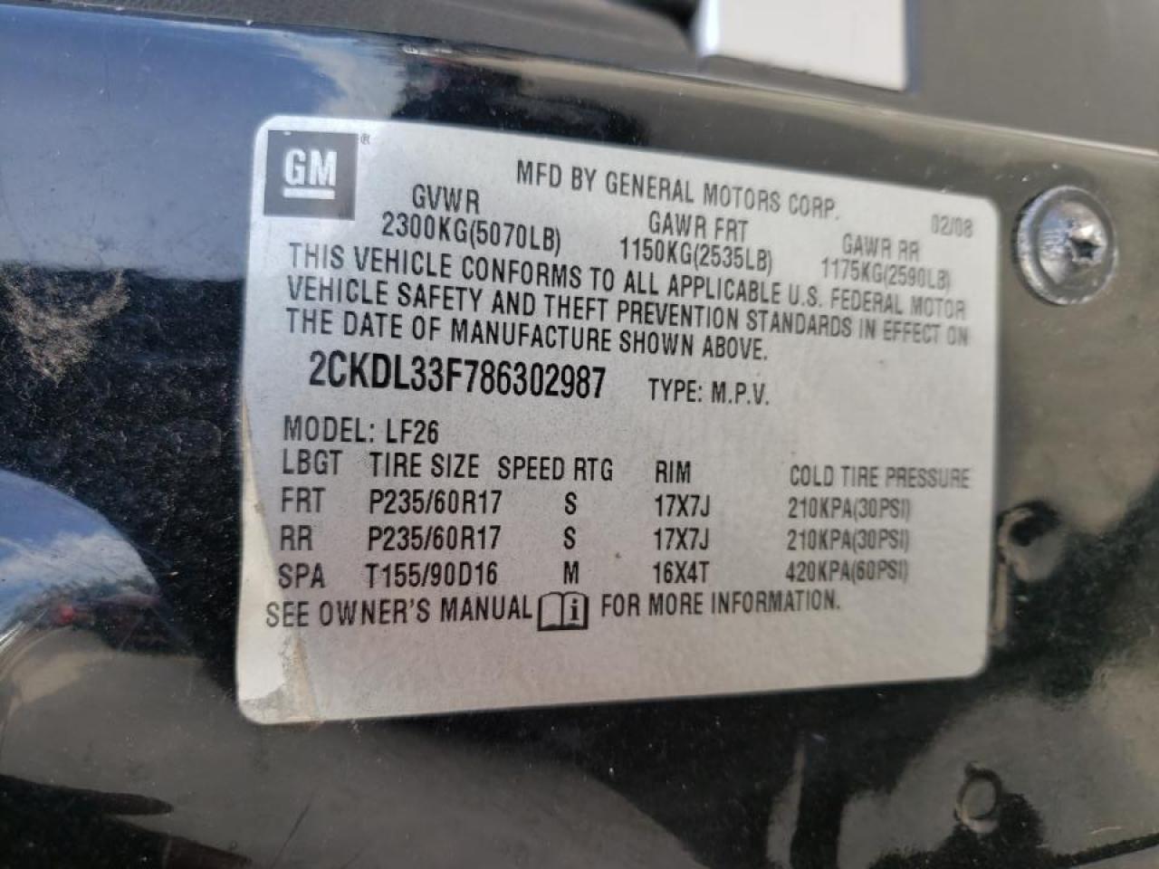 Photo 10 from auction – 2008 PONTIAC TORRENT with VIN 2CKDL33F786302987