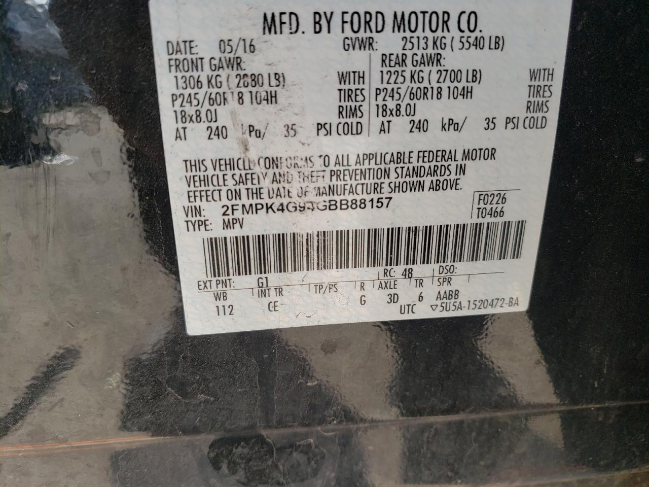 Photo 10 from auction – 2016 FORD EDGE SE with VIN 2FMPK4G94GBB88157