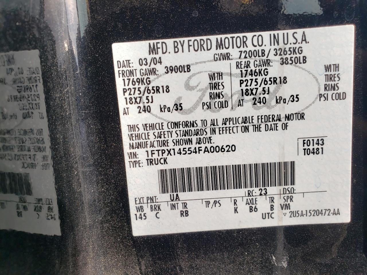 Photo 10 from auction – 2004 FORD F150 with VIN 1FTPX14554FA00620
