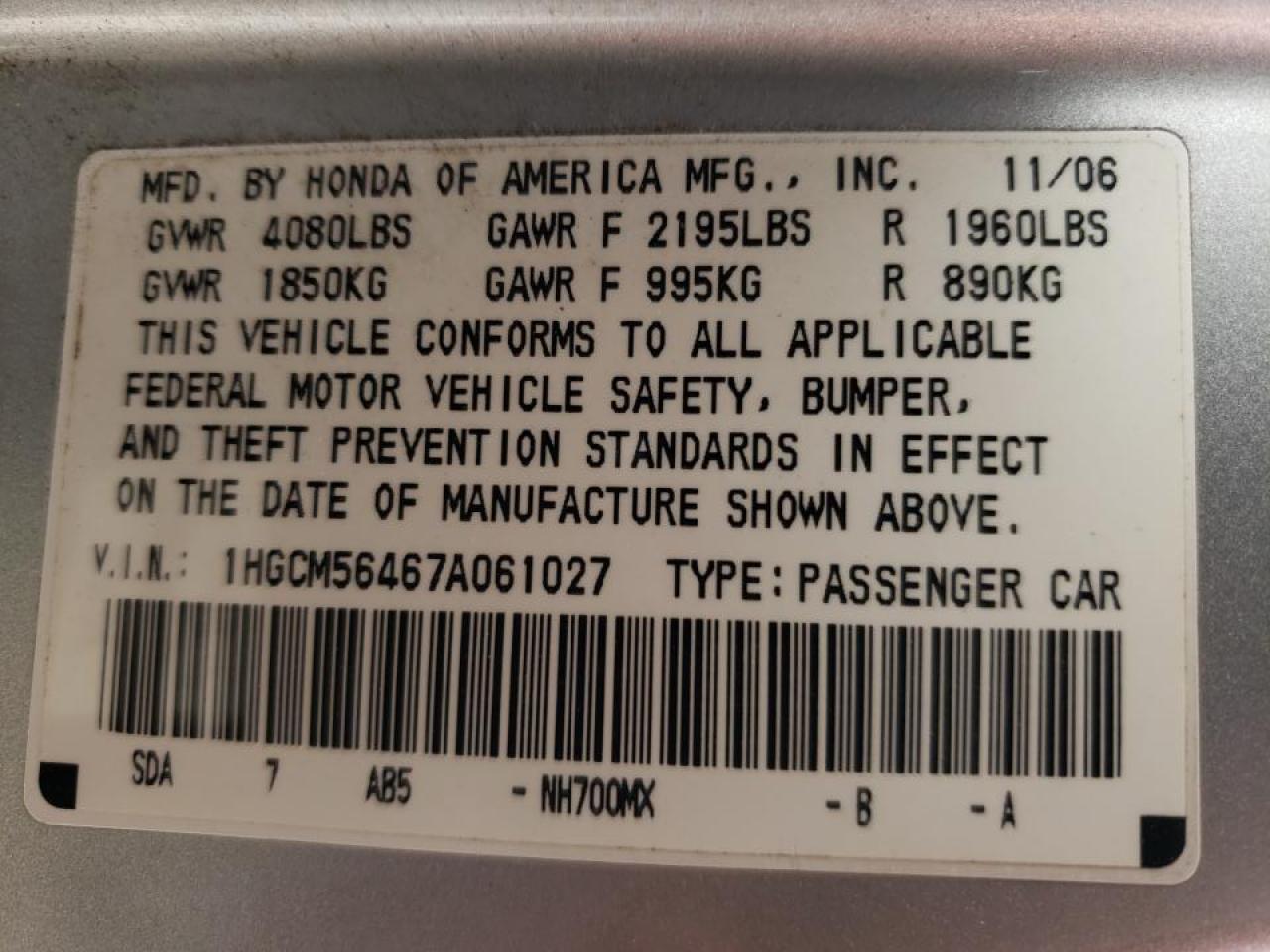 Photo 10 from auction – 2007 HONDA ACCORD with VIN 1HGCM56467A061027
