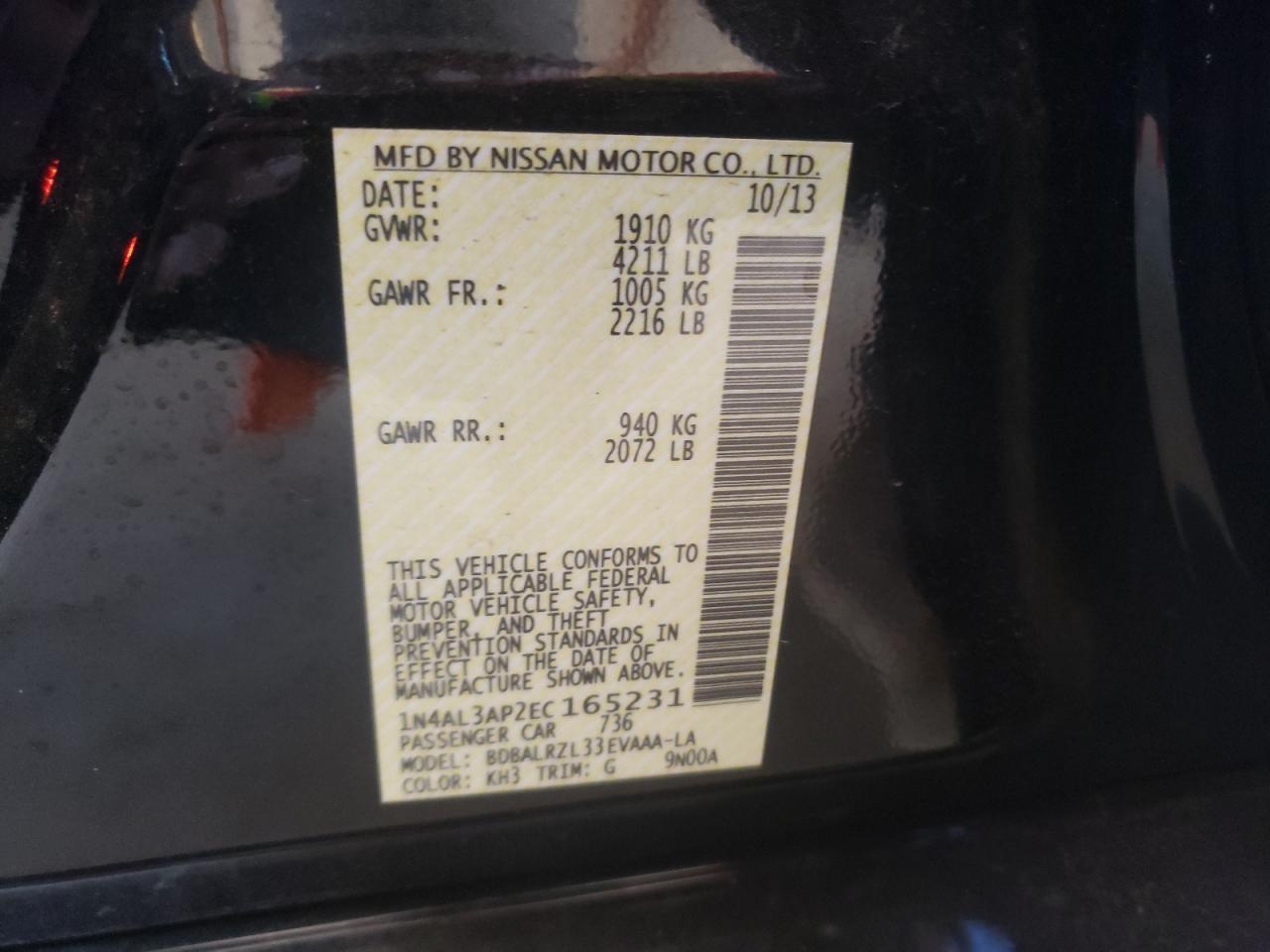Photo 10 from auction – 2014 NISSAN ALTIMA 2.5 with VIN 1N4AL3AP2EC165231