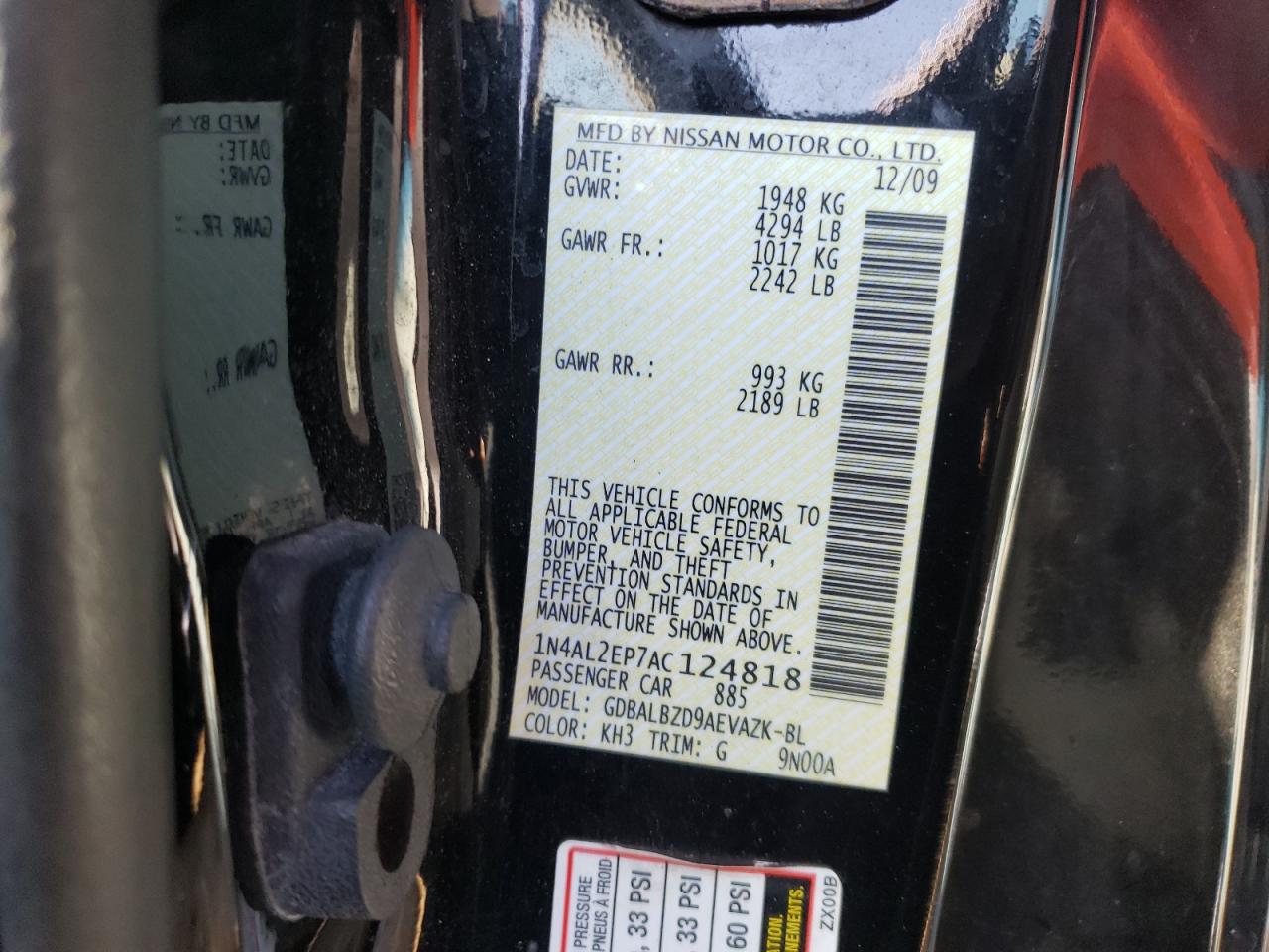 Photo 10 from auction – 2010 NISSAN ALTIMA S with VIN 1N4AL2EP7AC124818