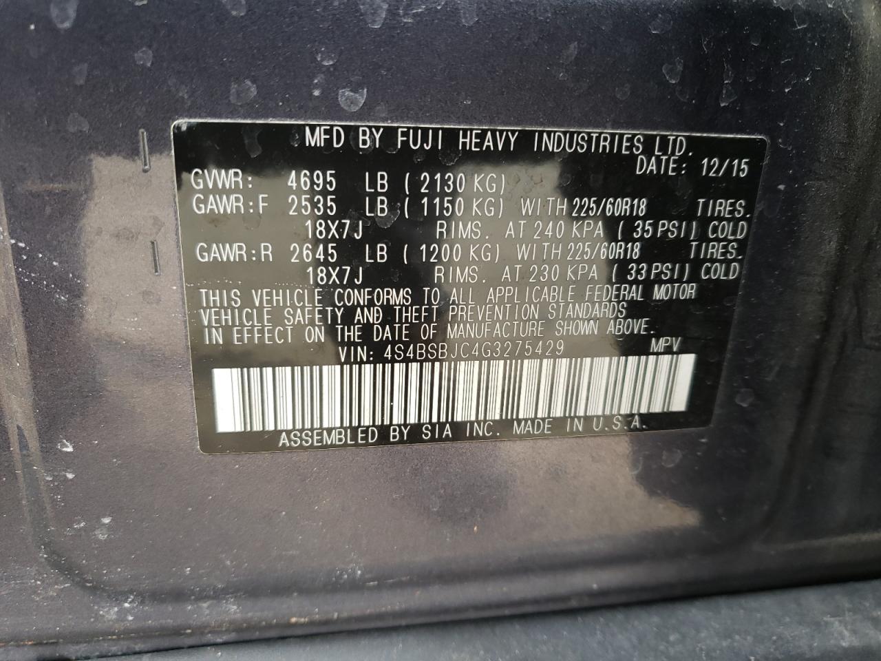 Photo 10 from auction – 2016 SUBARU OUTBACK 2. with VIN 4S4BSBJC4G3275429