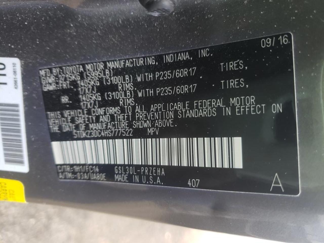 Photo 10 from auction – 2017 TOYOTA SIENNA LE with VIN 5TDKZ3DC4HS777522