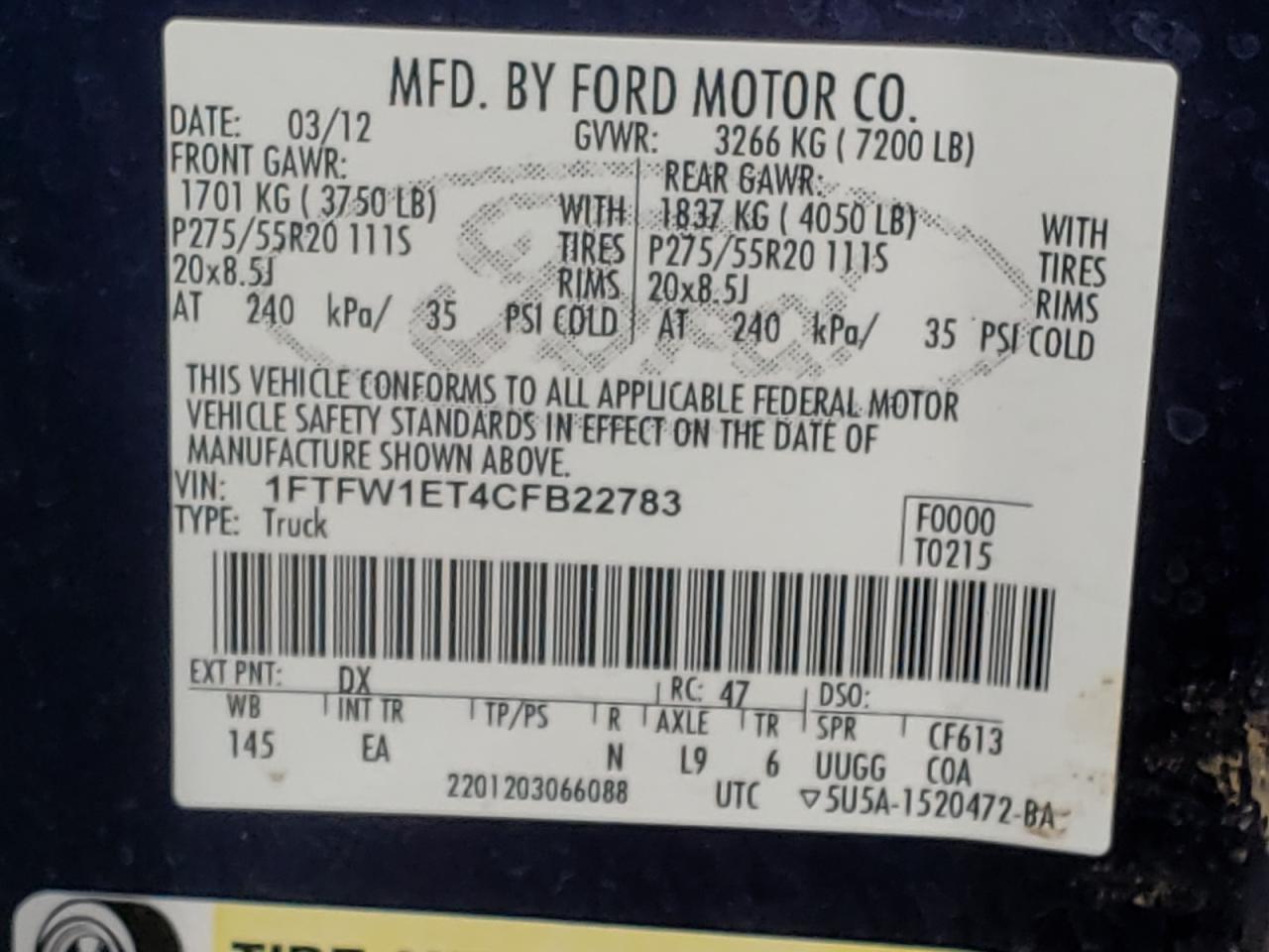 Photo 10 from auction – 2012 FORD F150 SUPER with VIN 1FTFW1ET4CFB22783