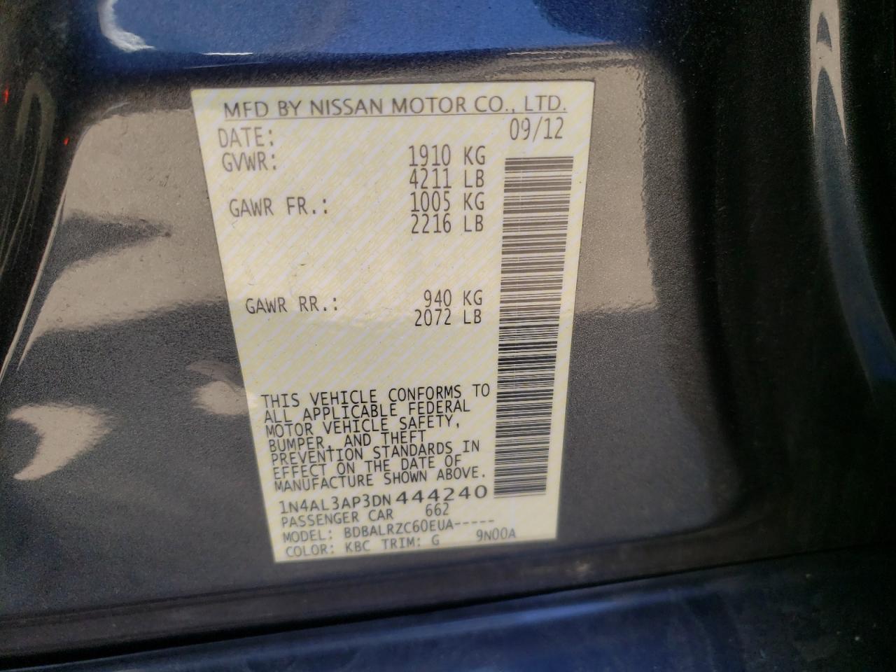 Photo 10 from auction – 2013 NISSAN ALTIMA 2.5 with VIN 1N4AL3AP3DN444240