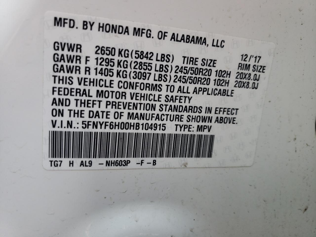 Photo 10 from auction – 2017 HONDA PILOT ELIT with VIN 5FNYF6H00HB104915