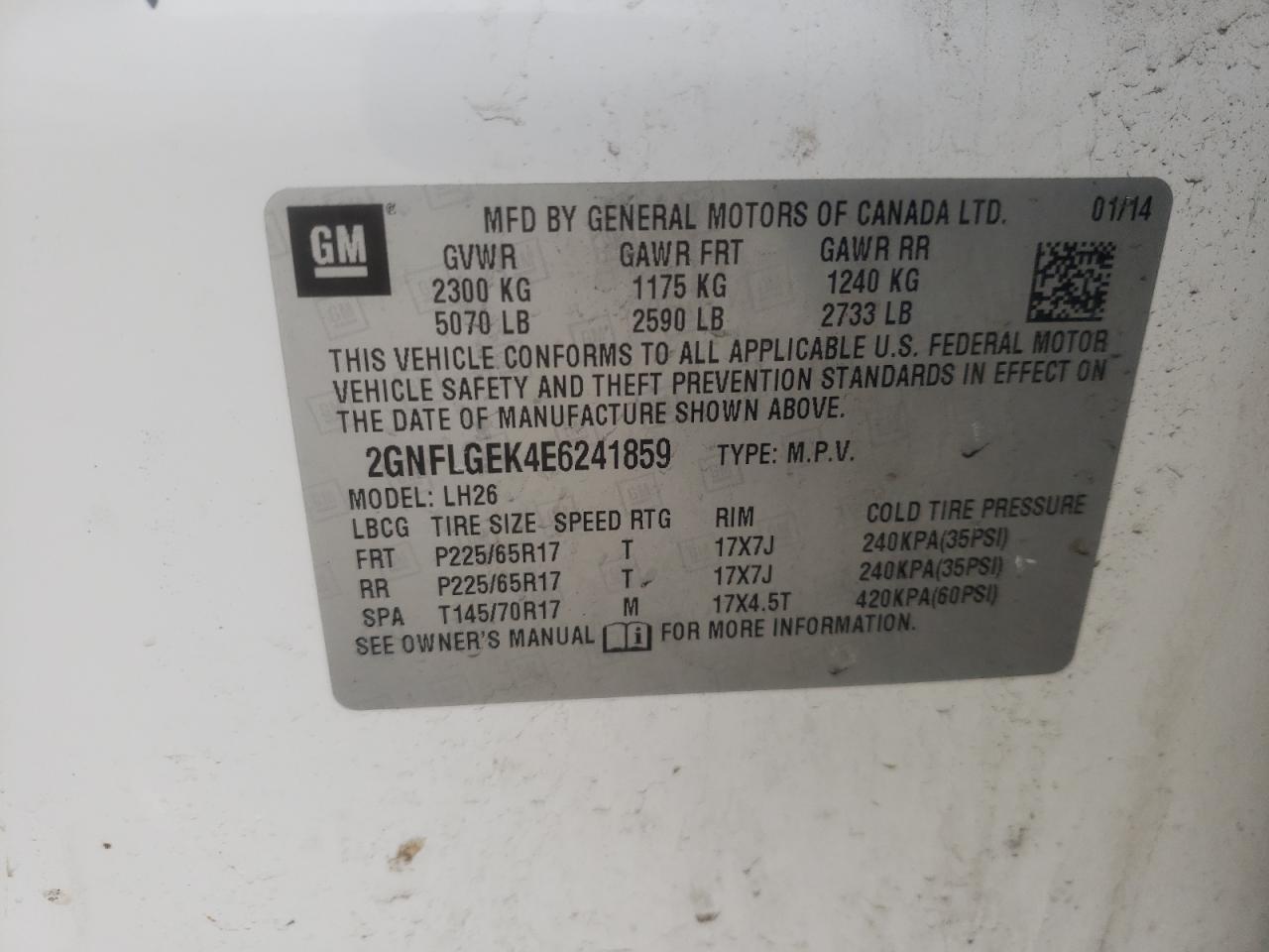 Foto 10 de la subasta – 2014 CHEVROLET EQUINOX LT con VIN 2GNFLGEK4E6241859
