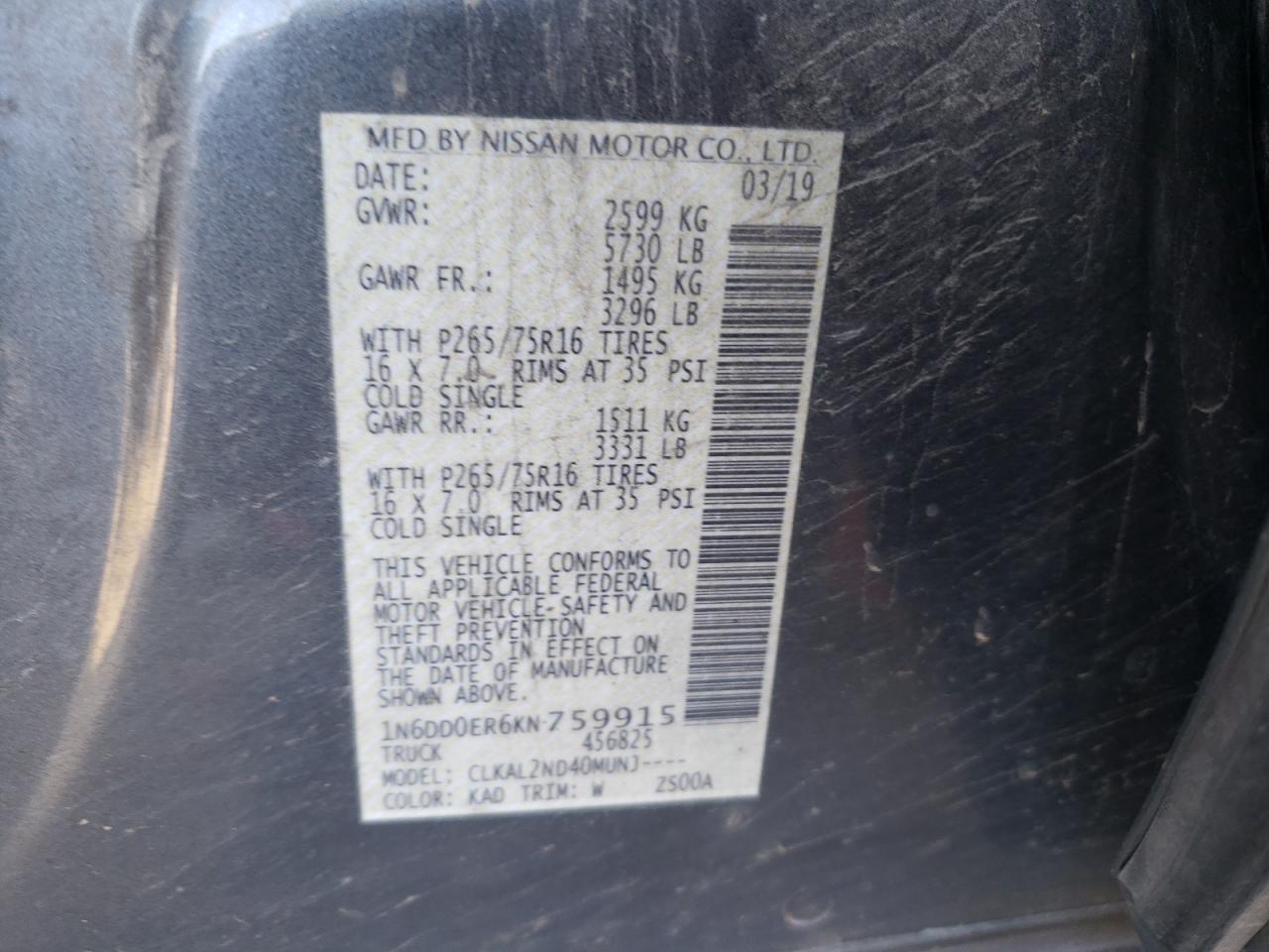 Photo 10 from auction – 2019 NISSAN FRONTIER S with VIN 1N6DD0ER6KN759915
