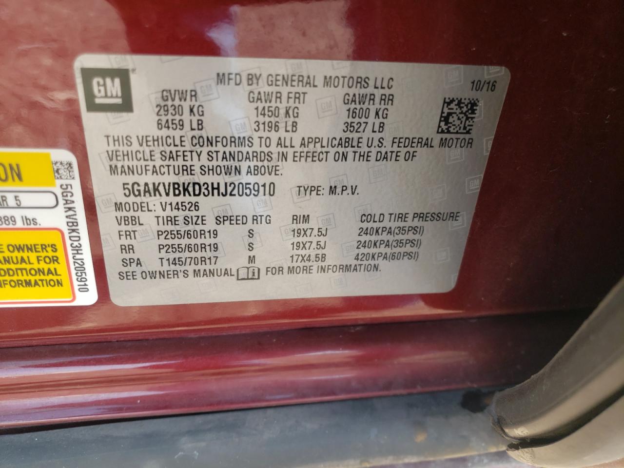 Photo 10 from auction – 2017 BUICK ENCLAVE with VIN 5GAKVBKD3HJ205910