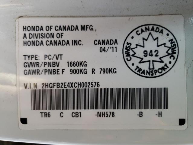 Photo 10 from auction – 2012 HONDA CIVIC LX with VIN 2HGFB2E4XCH002576