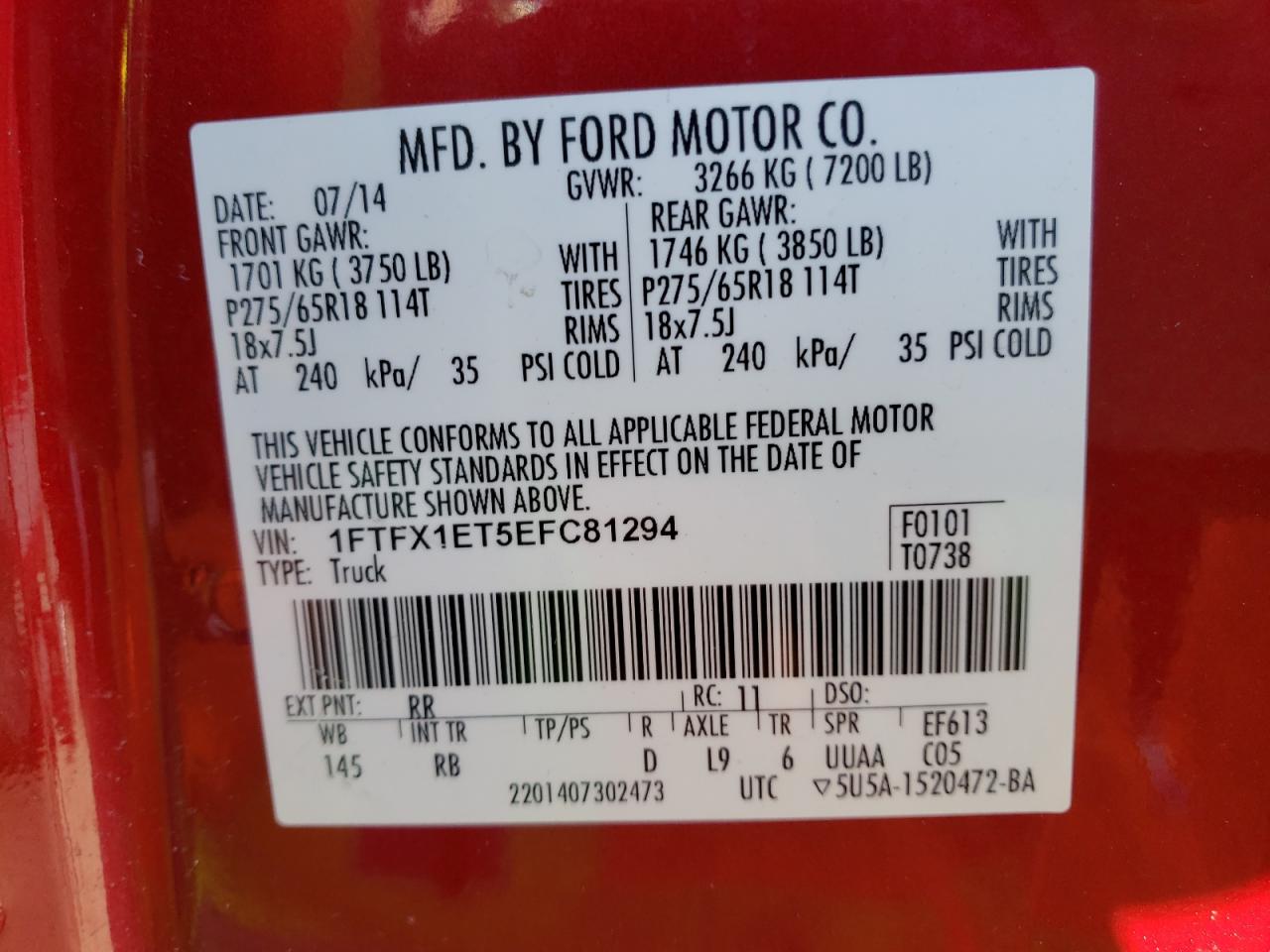 Photo 10 from auction – 2014 FORD F150 SUPER with VIN 1FTFX1ET5EFC81294
