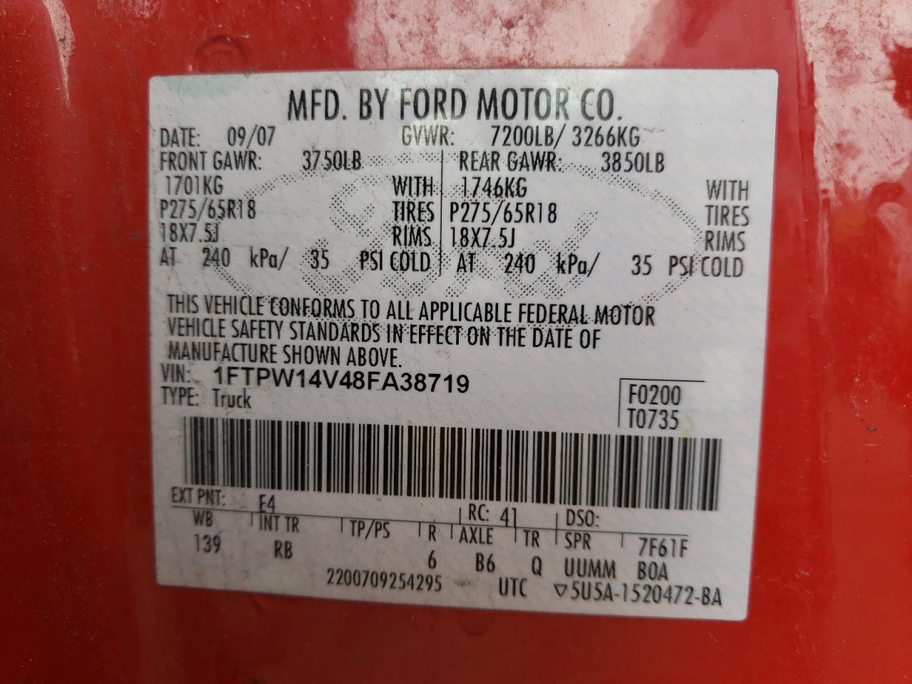 Photo 10 from auction – 2008 FORD F150 SUPER with VIN 1FTPW14V48FA38719
