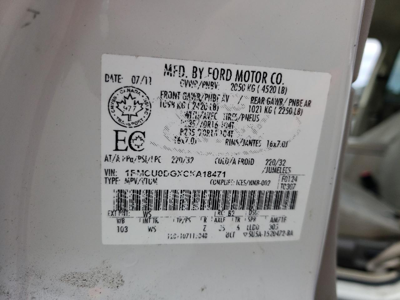 Photo 10 from auction – 2012 FORD ESCAPE XLT with VIN 1FMCU0DGXCKA18471