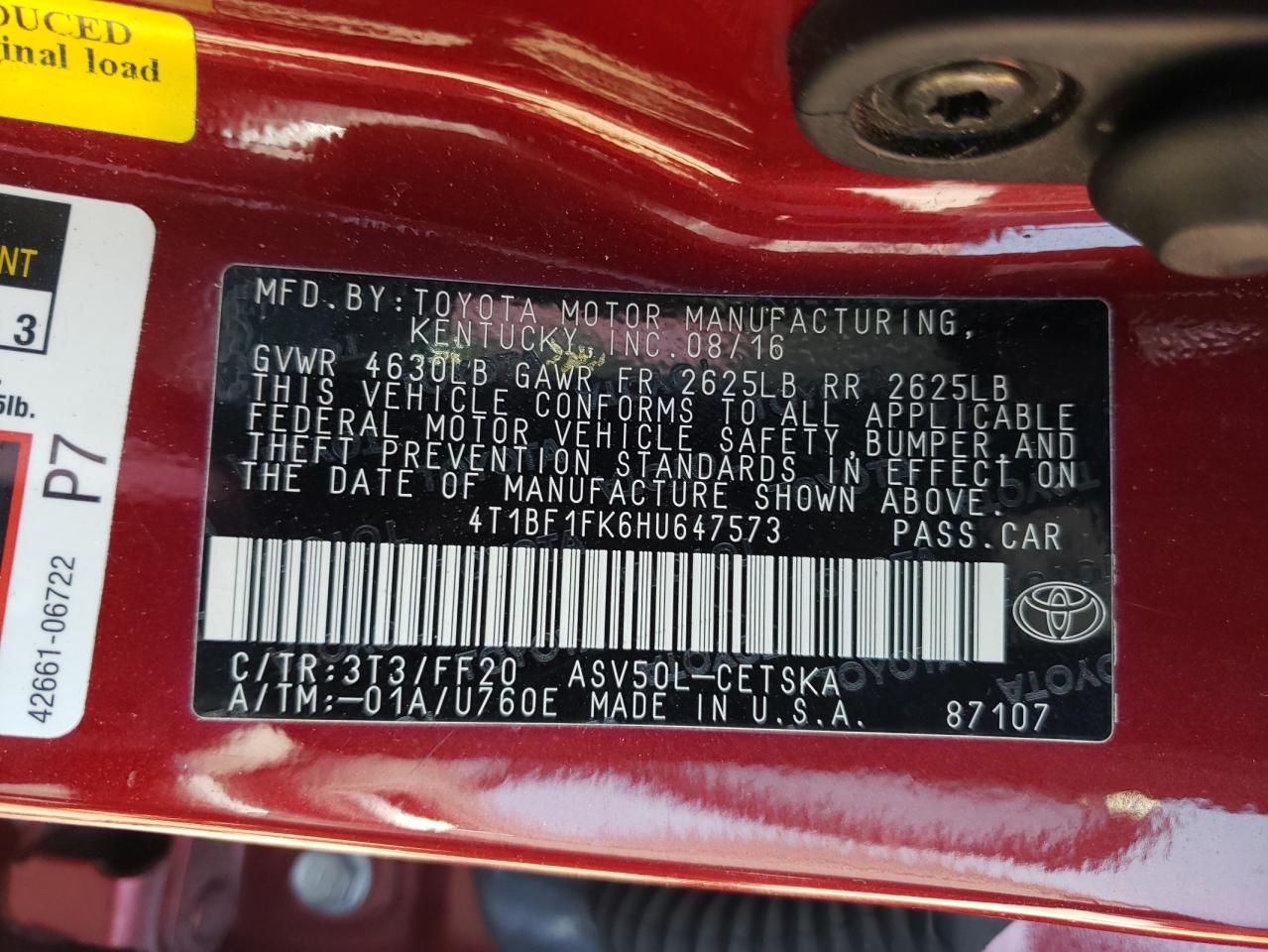 Photo 10 from auction – 2017 TOYOTA CAMRY LE with VIN 4T1BF1FK6HU647573