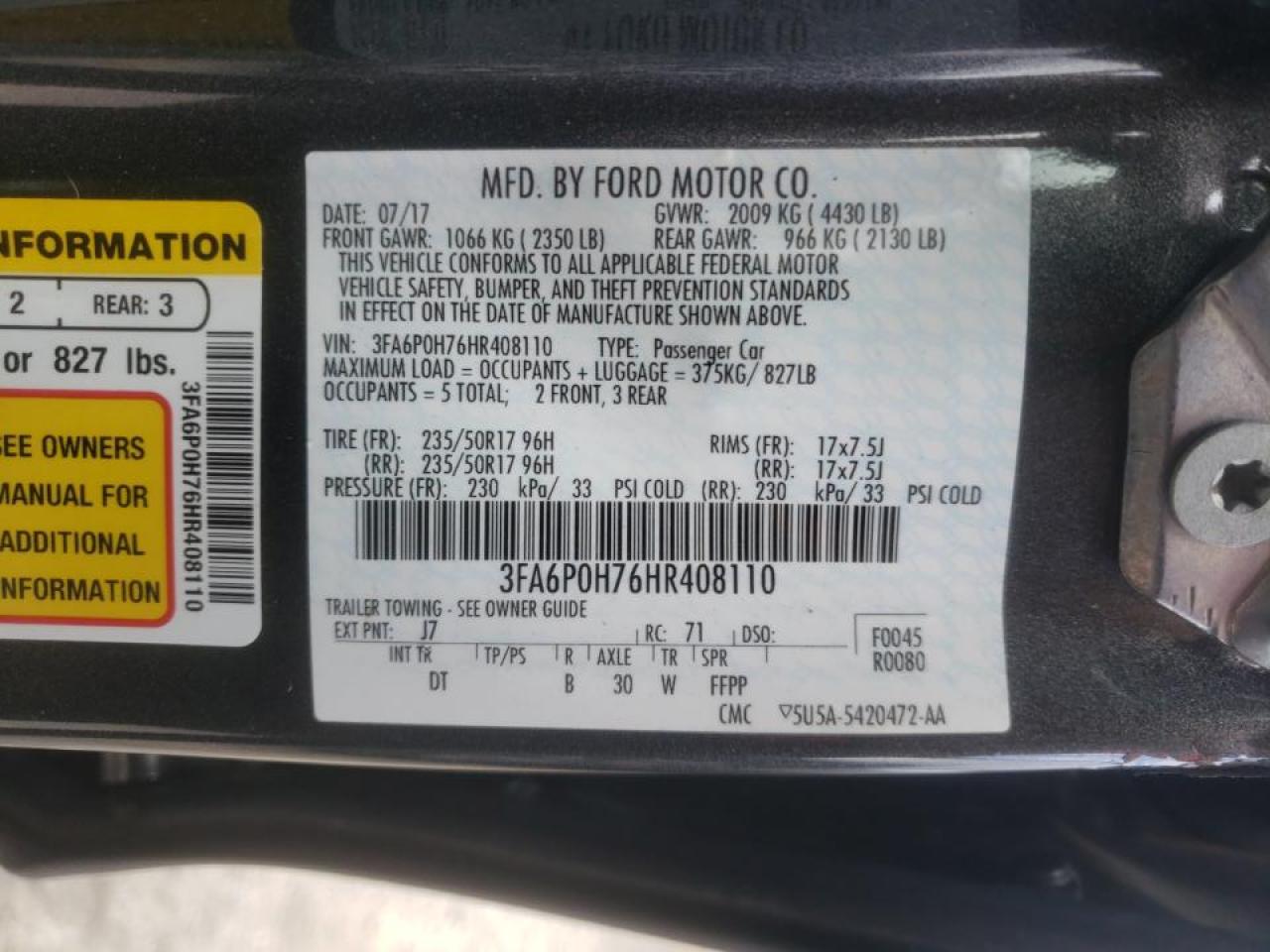 Photo 10 from auction – 2017 FORD FUSION SE with VIN 3FA6P0H76HR408110