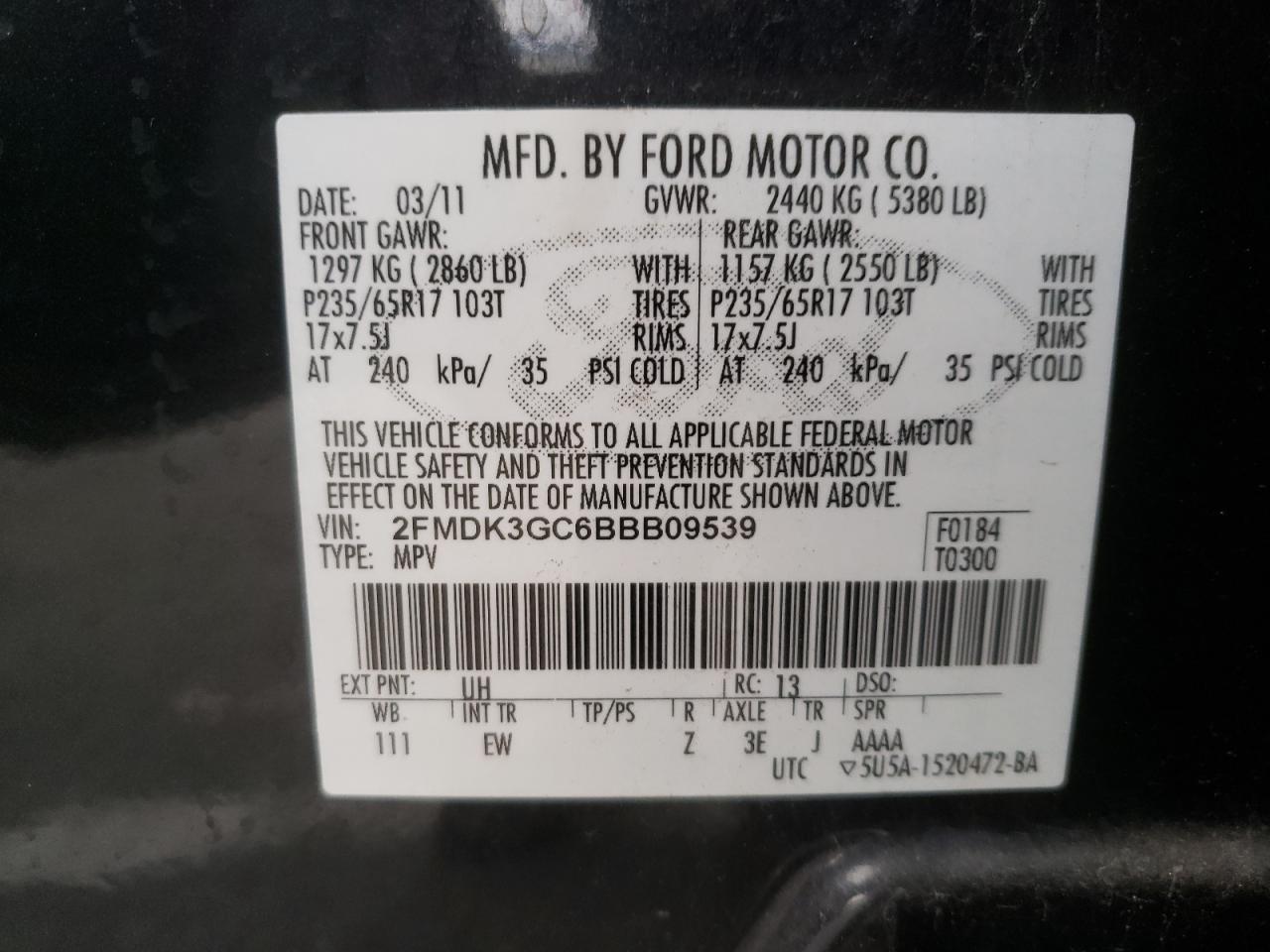 Photo 10 from auction – 2011 FORD EDGE SE with VIN 2FMDK3GC6BBB09539