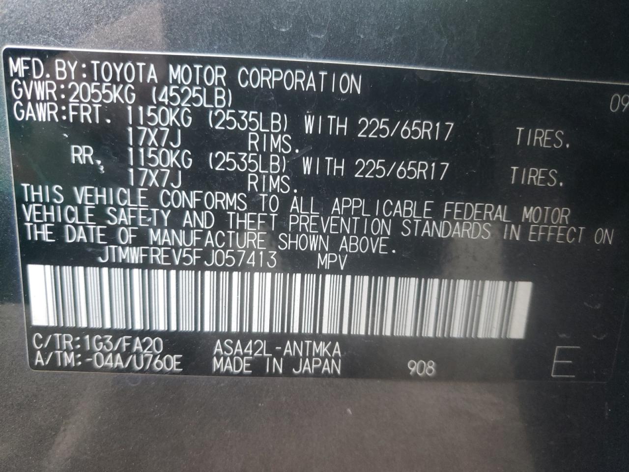 Photo 10 from auction – 2015 TOYOTA RAV4 XLE with VIN JTMWFREV5FJ057413