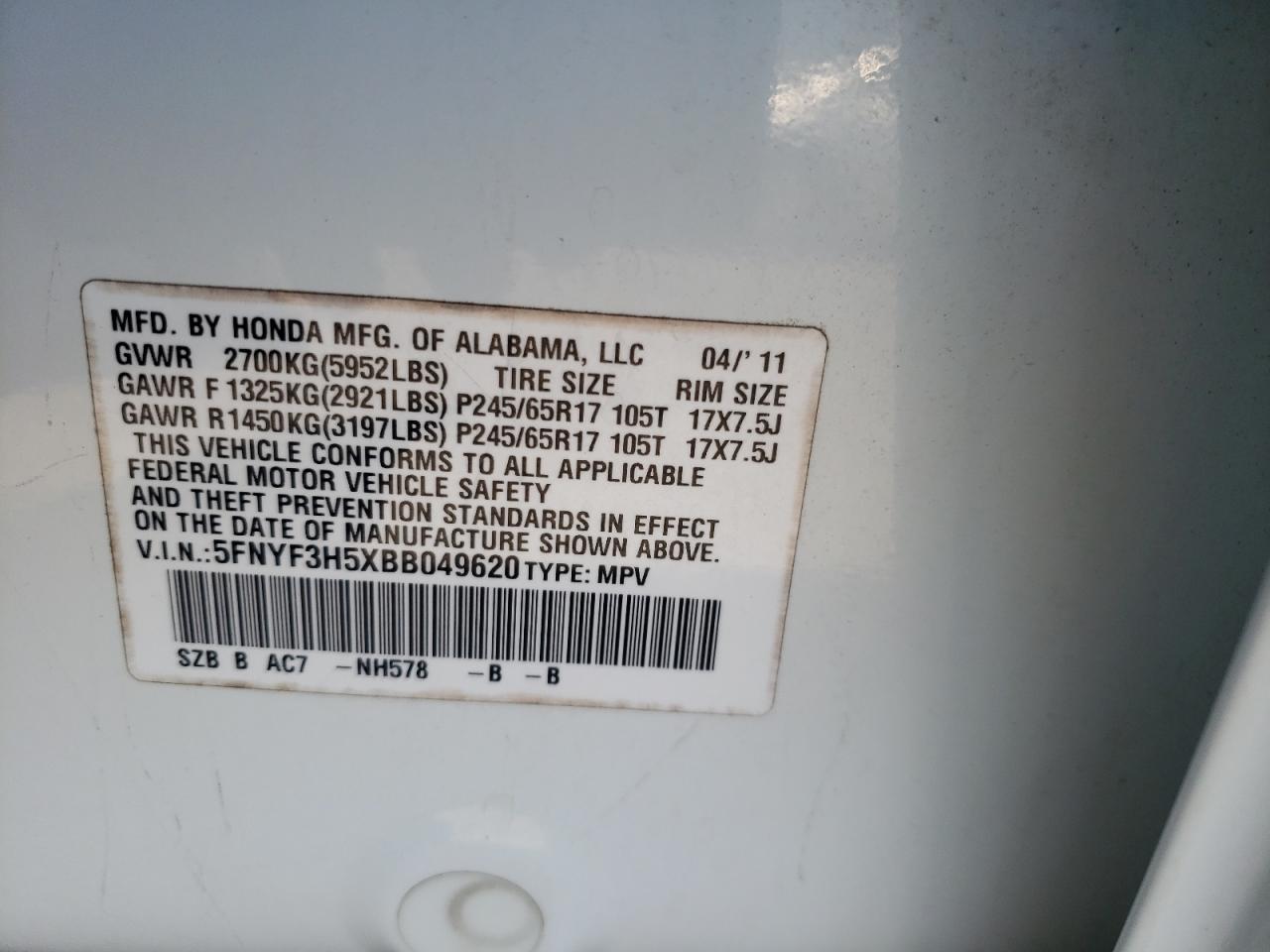 Photo 10 from auction – 2011 HONDA PILOT EXL with VIN 5FNYF3H5XBB049620