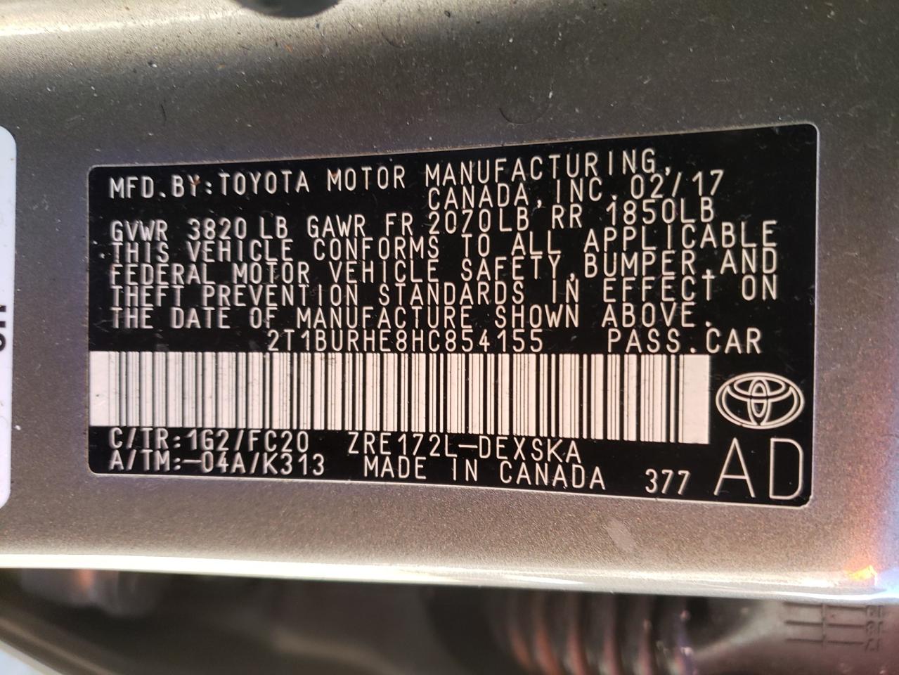 Photo 10 from auction – 2017 TOYOTA COROLLA L with VIN 2T1BURHE8HC854155