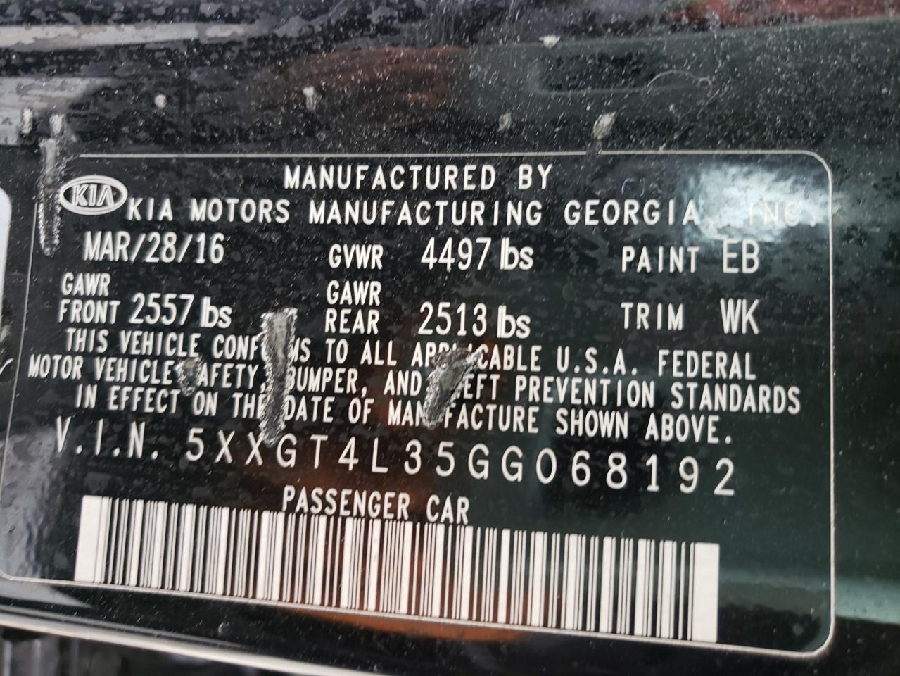 Photo 10 from auction – 2016 KIA OPTIMA LX with VIN 5XXGT4L35GG068192