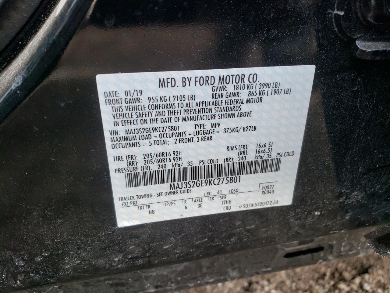 Photo 10 from auction – 2019 FORD ECOSPORT S with VIN MAJ3S2GE9KC275801