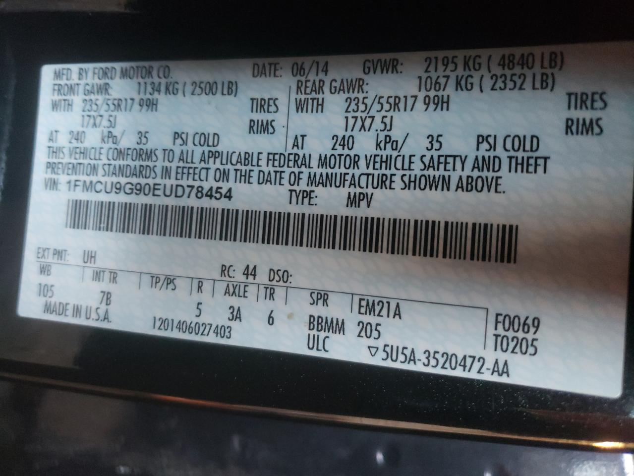 Photo 10 from auction – 2014 FORD ESCAPE SE with VIN 1FMCU9G90EUD78454