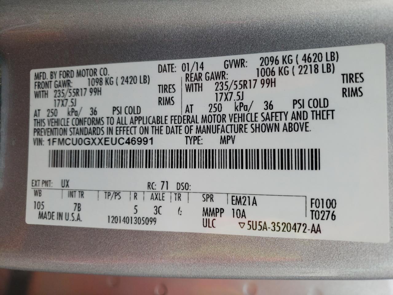 Photo 10 from auction – 2014 FORD ESCAPE SE with VIN 1FMCU0GXXEUC46991