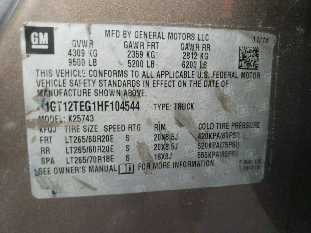 Photo 10 from auction – 2017 GMC SIERRA K25 with VIN 1GT12TEG1HF104544