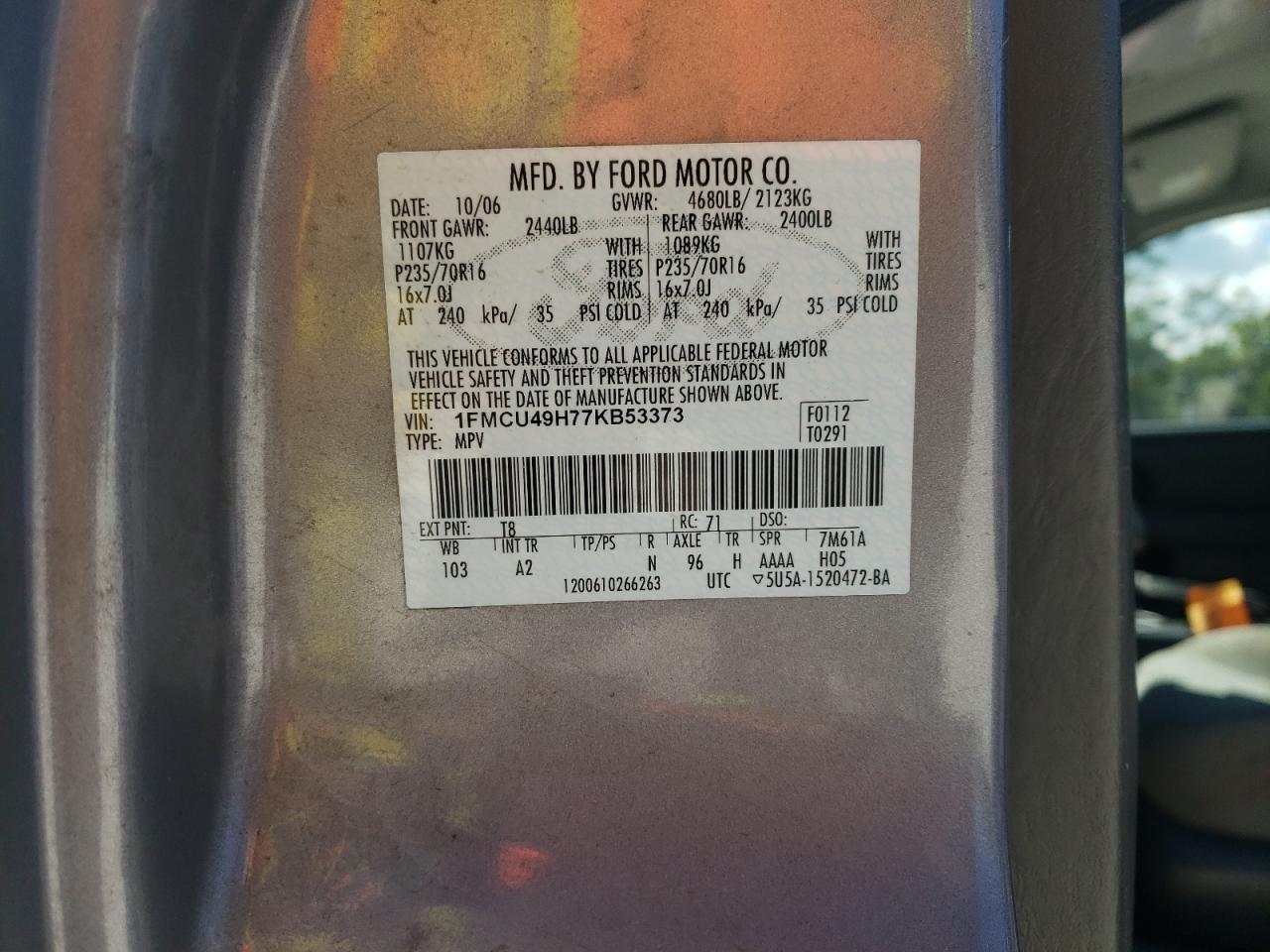 Photo 10 from auction – 2007 FORD ESCAPE HEV with VIN 1FMCU49H77KB53373