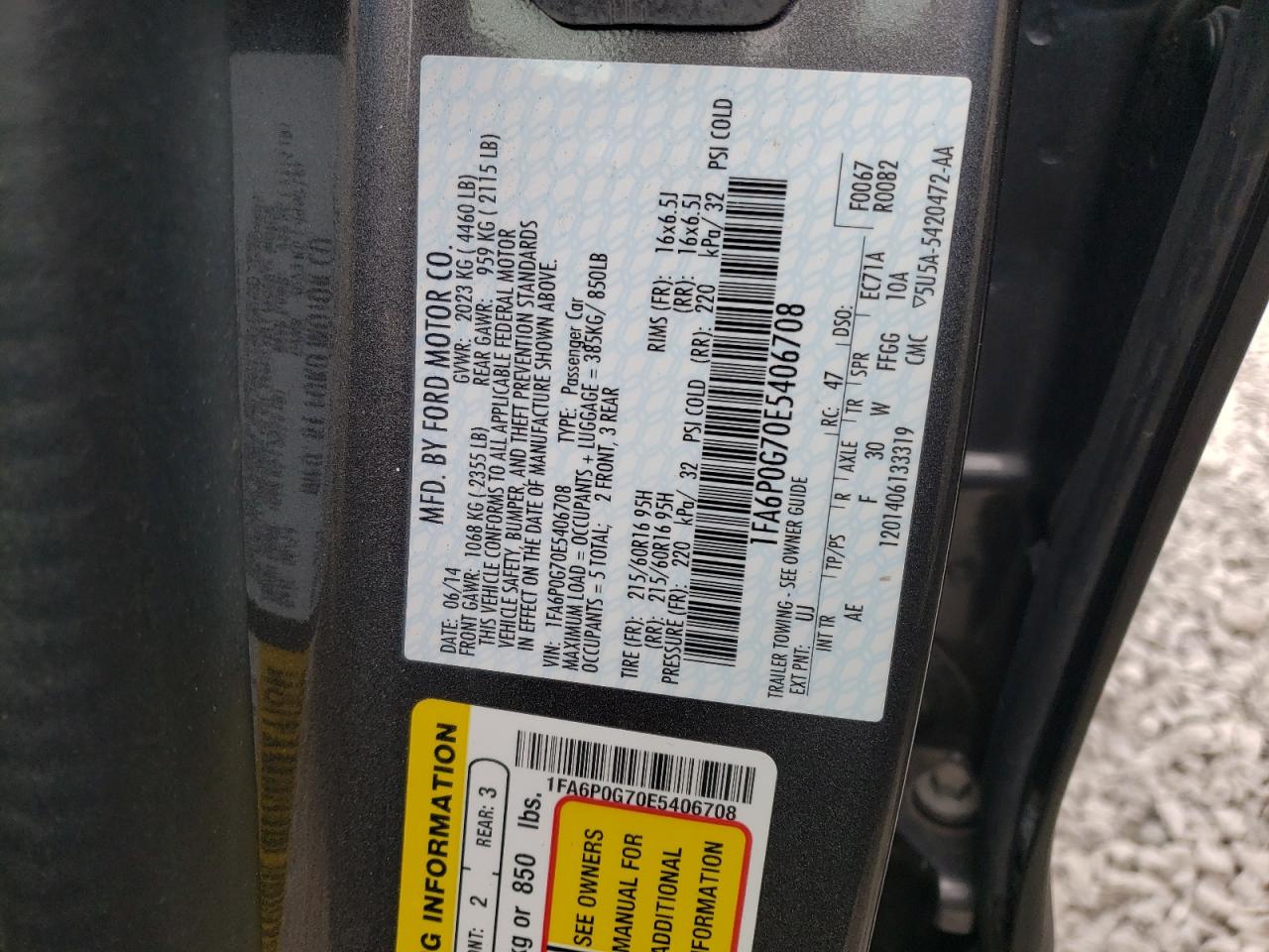 Photo 10 from auction – 2014 FORD FUSION S with VIN 1FA6P0G70E5406708