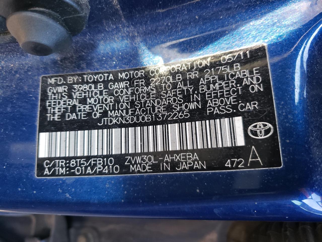 Photo 10 from auction – 2011 TOYOTA PRIUS with VIN JTDKN3DU0B1372265