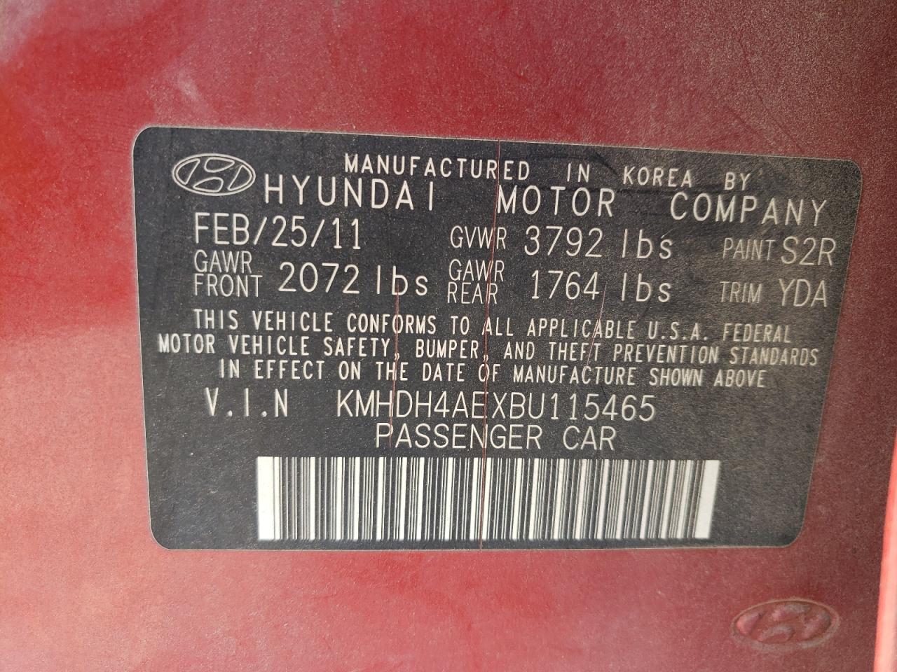 Photo 10 from auction – 2011 HYUNDAI ELANTRA GL with VIN KMHDH4AEXBU115465