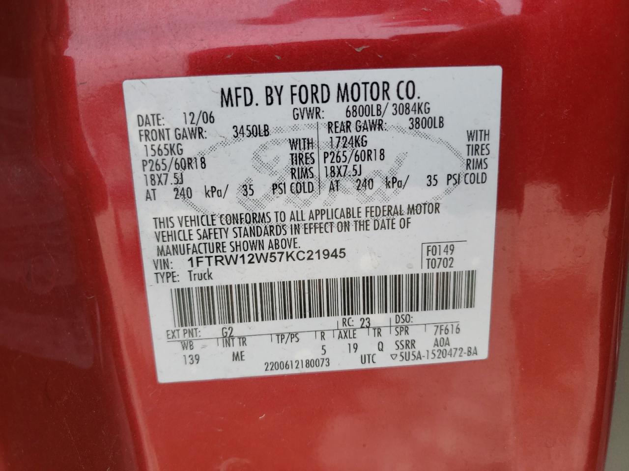 Photo 10 from auction – 2007 FORD F150 SUPER with VIN 1FTRW12W57KC21945