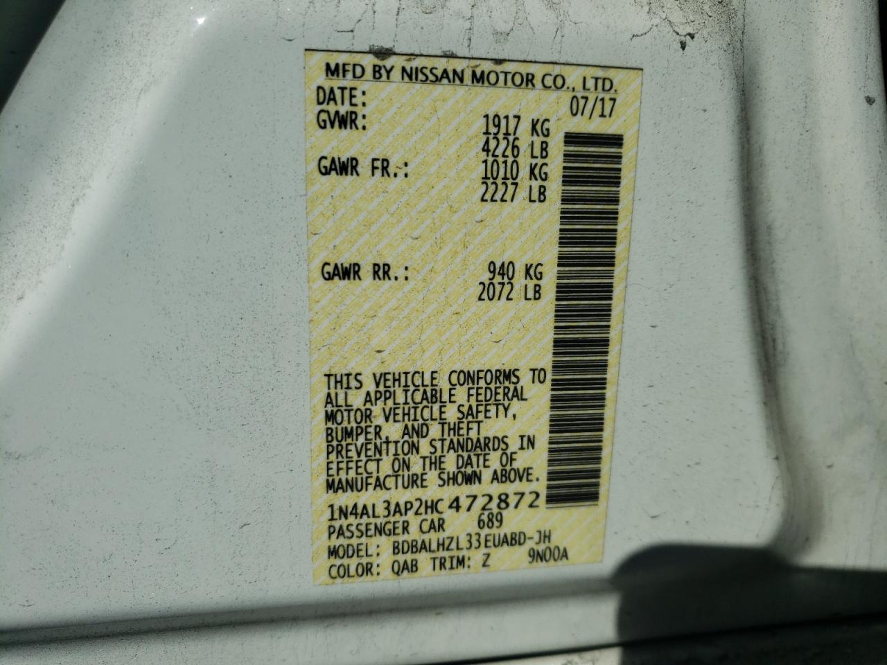Photo 10 from auction – 2017 NISSAN ALTIMA 2.5 with VIN 1N4AL3AP2HC472872